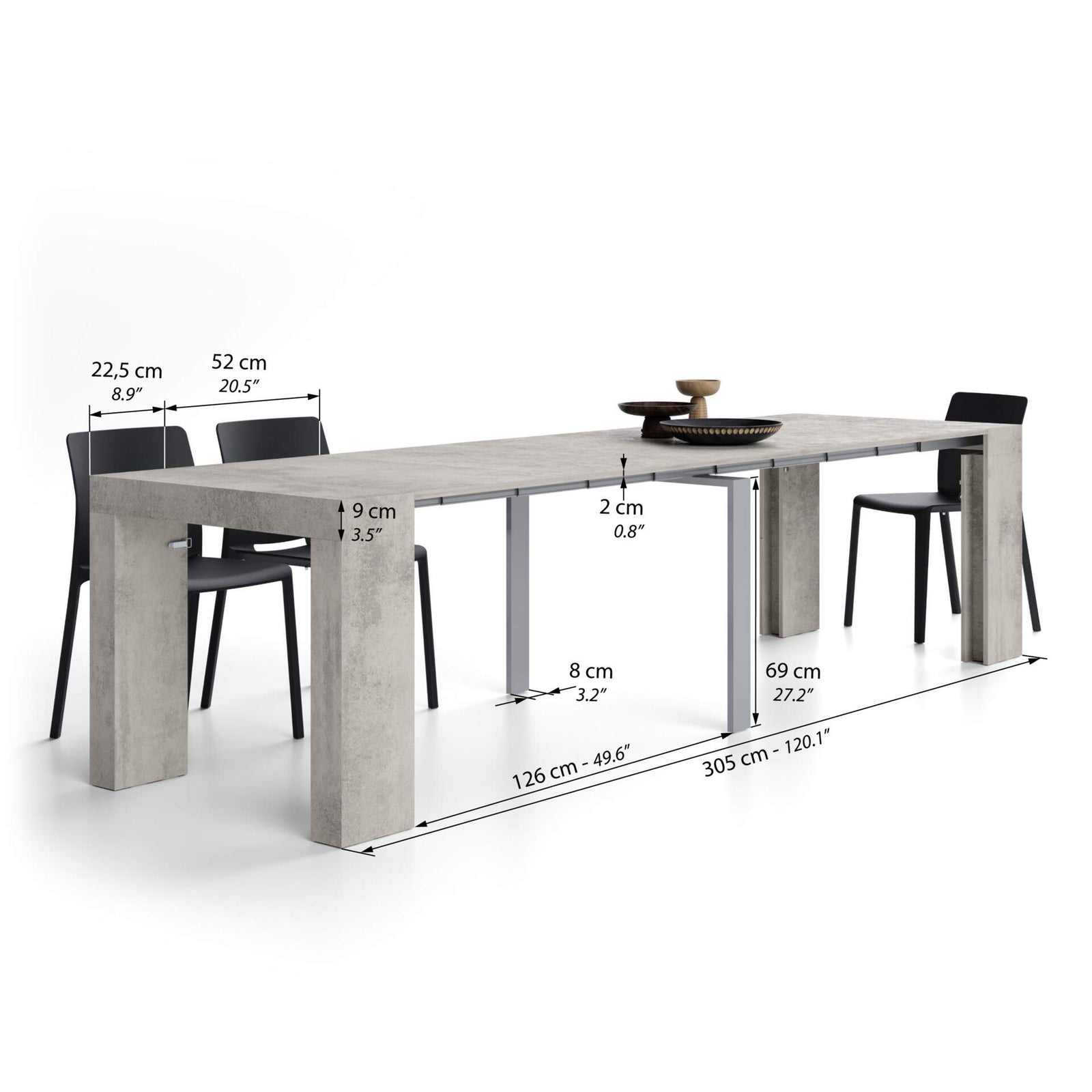 Evolution, Extendable Console Table 45(305)x90 cm, Concrete Grey Effect - Immagine tecnica 2