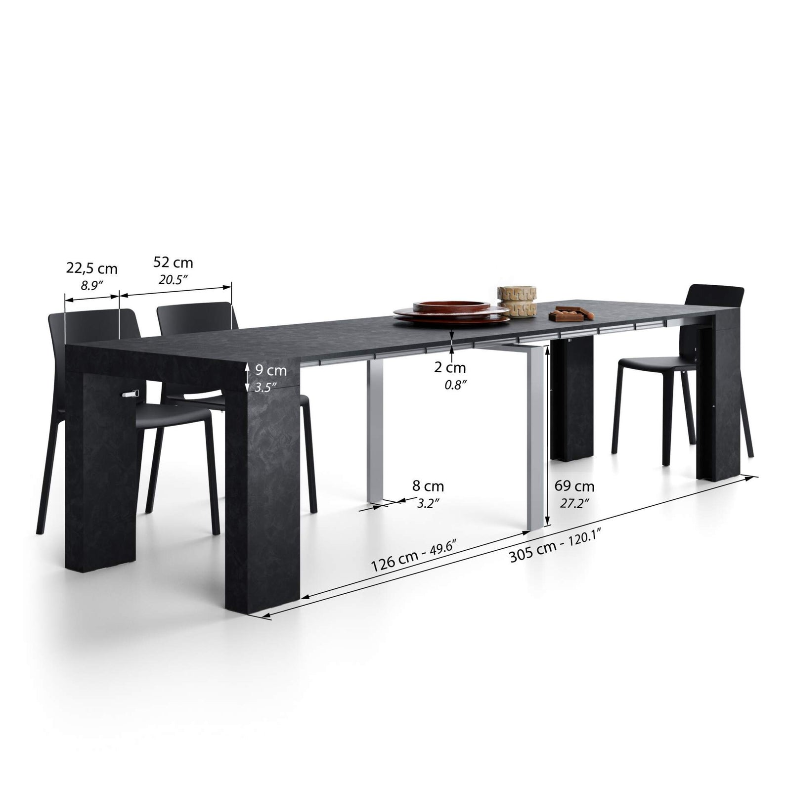 Table Console Extensible Evolution, 45(305)x90 cm, Noir Béton - Immagine tecnica 2