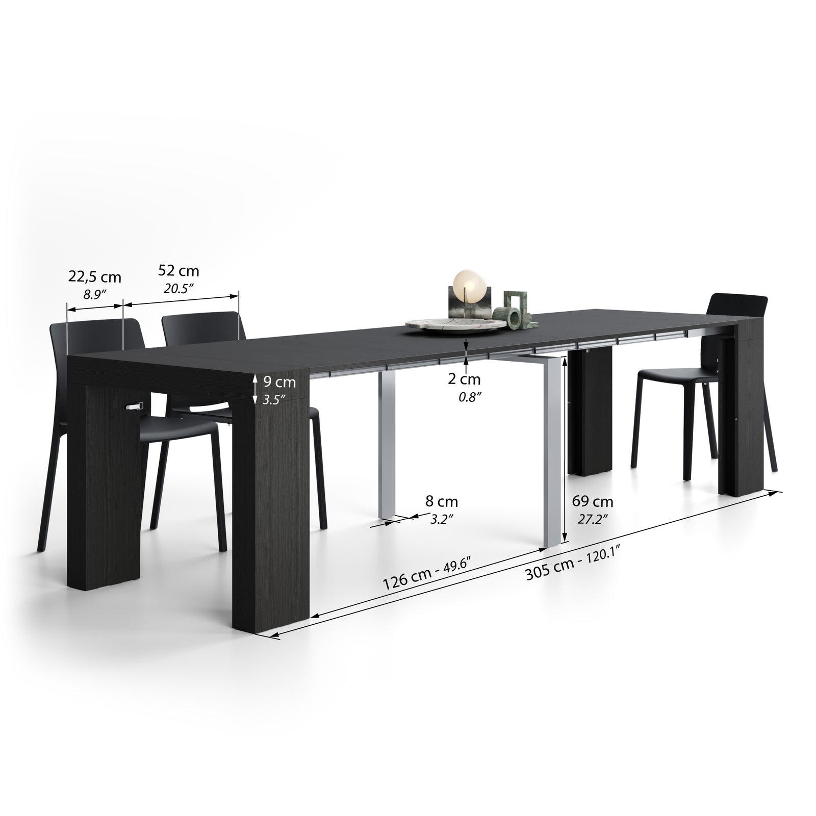 Evolution, ausziehbarer Konsolentisch, 45(305)x90 cm, Esche, Schwarz - Immagine tecnica 2