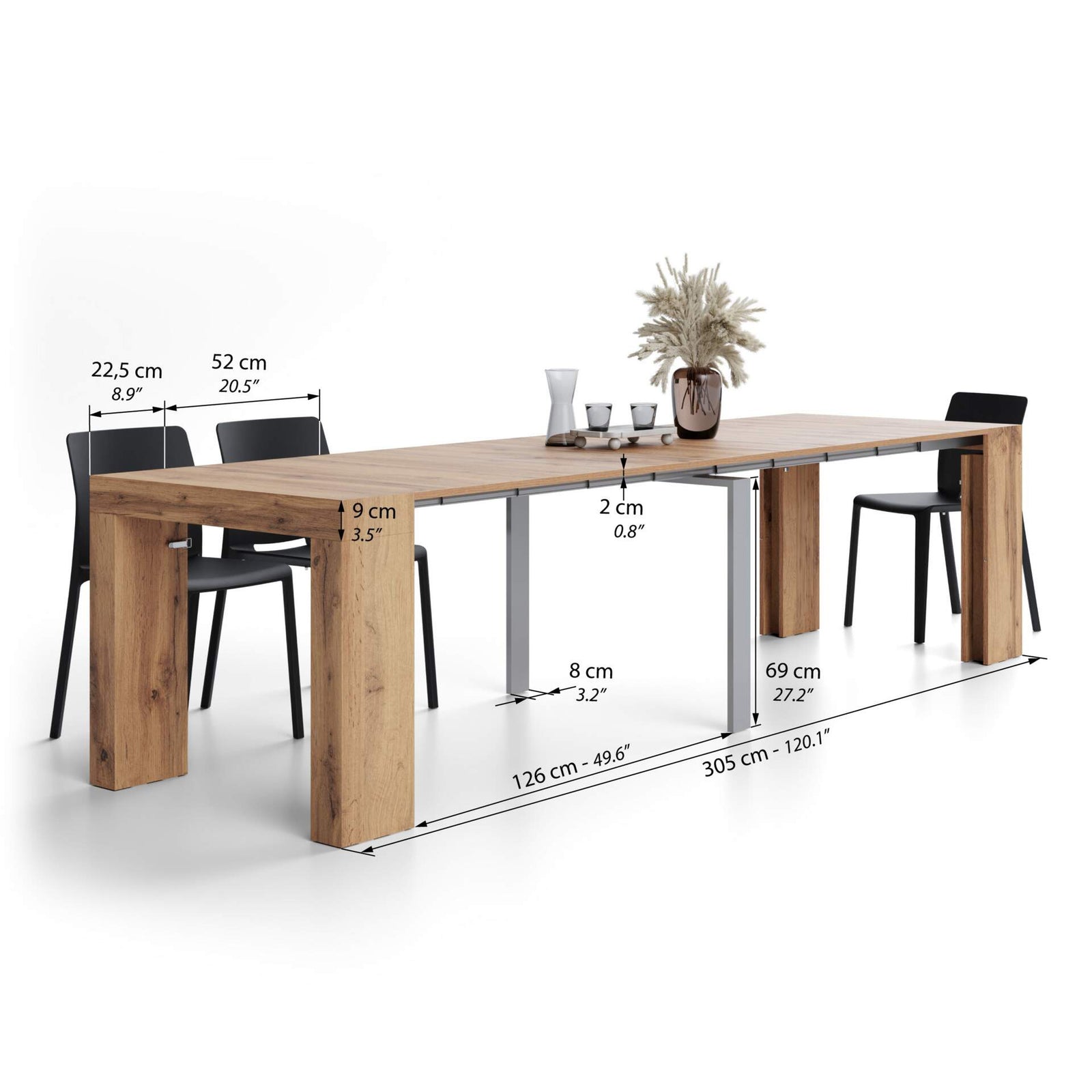 Table Console Extensible Evolution, 45(305)x90 cm, Bois Rustique - Immagine tecnica 2