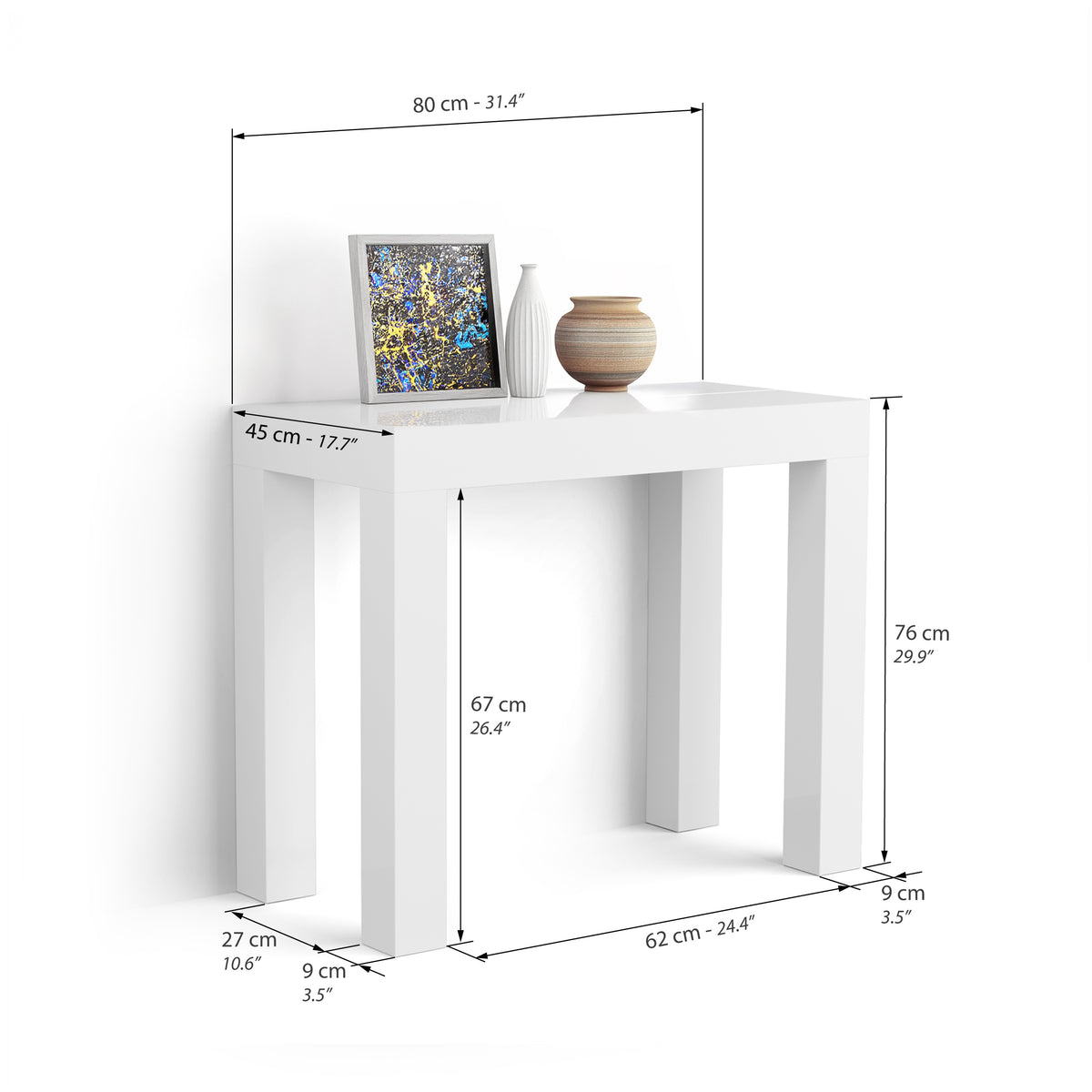 First, Extendable Console Table, 45(310)x80 cm, Glossy White - Immagine tecnica 1