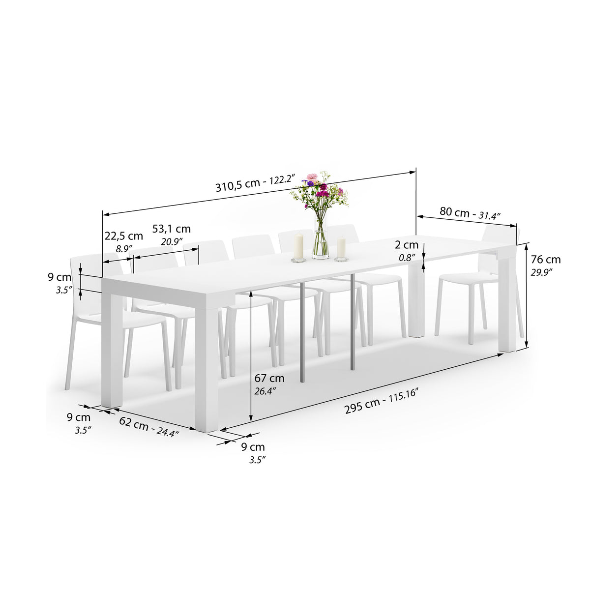 First, Extendable Console Table, 45(310)x80 cm, Glossy White - Immagine tecnica 2