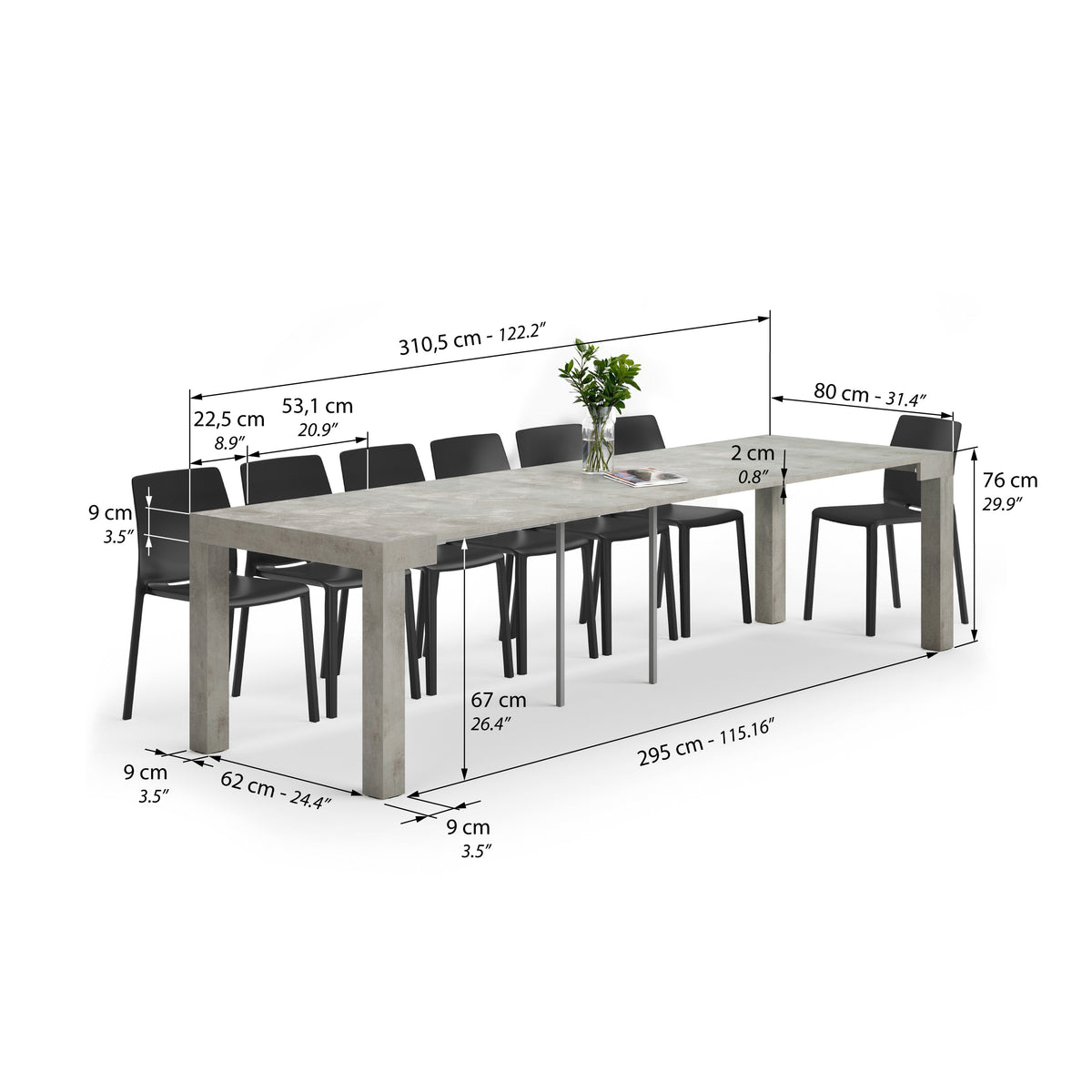 First, Extendable Console Table, 45(310)x80 cm, Concrete Grey Effect - Immagine tecnica 2