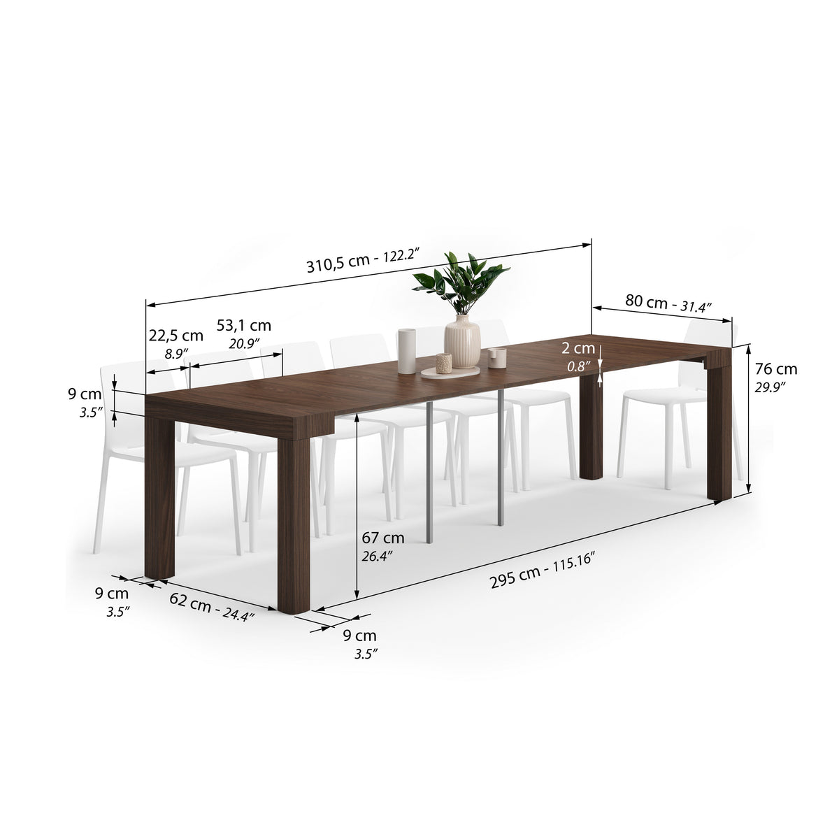 Tavolo Consolle Allungabile First, 45(310)x80 cm, Noce canaletto - Immagine tecnica 2