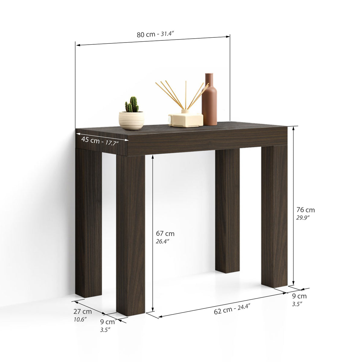 First, Extendable Console Table, 45(310)x80 cm, Dark Walnut - Immagine tecnica 1