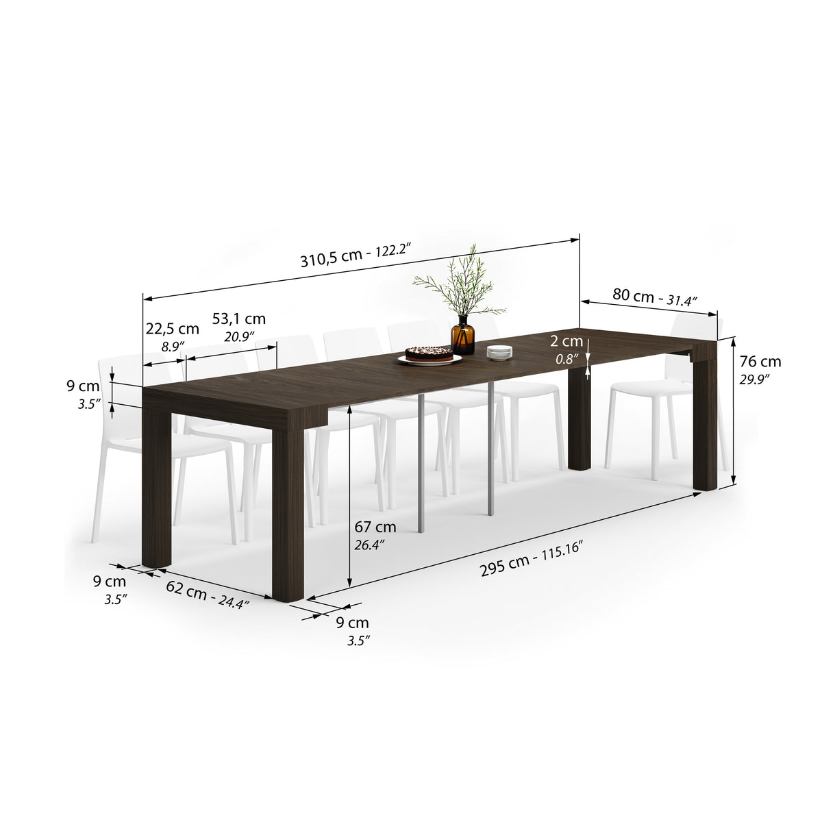 First, Extendable Console Table, 45(310)x80 cm, Dark Walnut - Immagine tecnica 2
