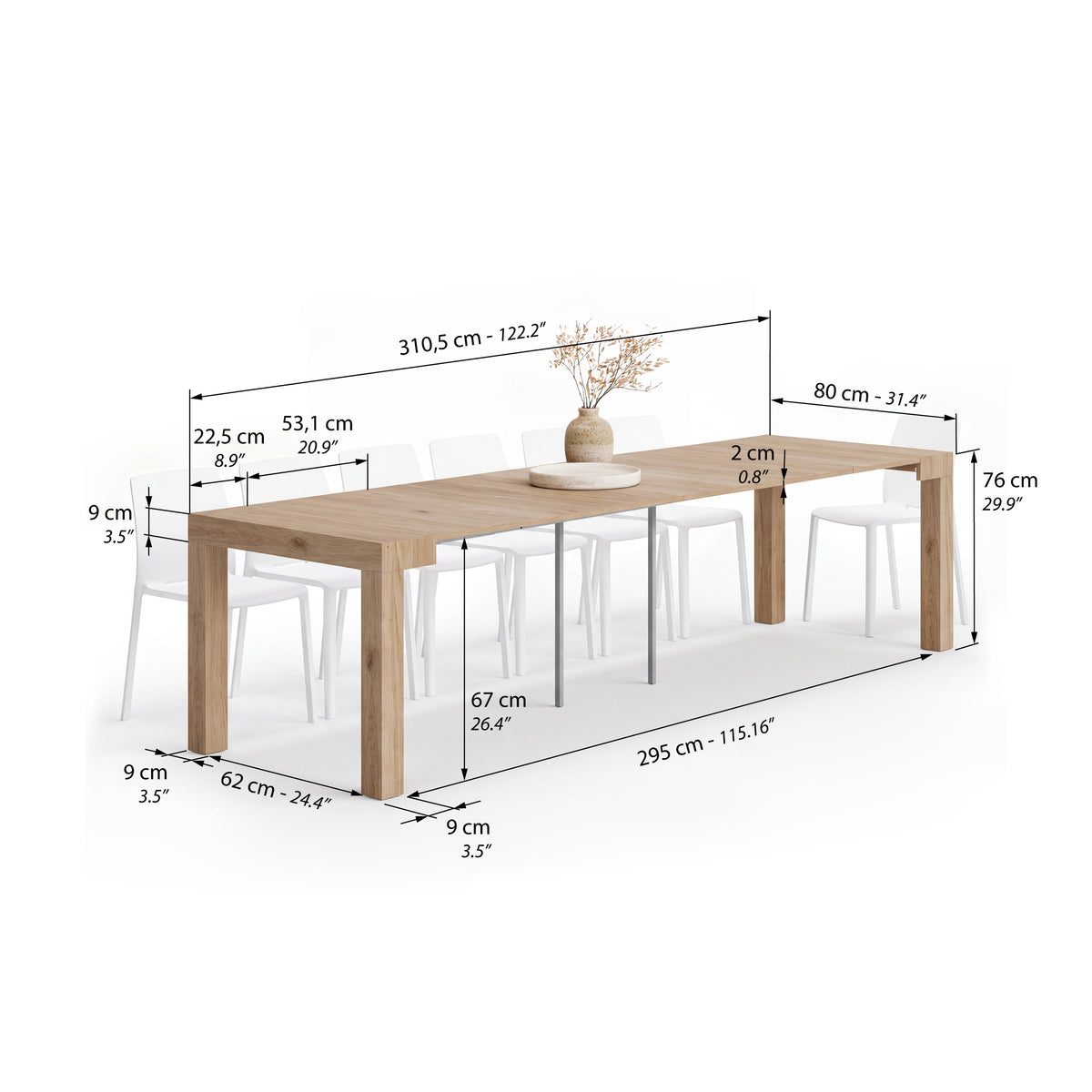 First, Extendable Console Table, 45(310)x80 cm, Light Oak - Immagine tecnica 2