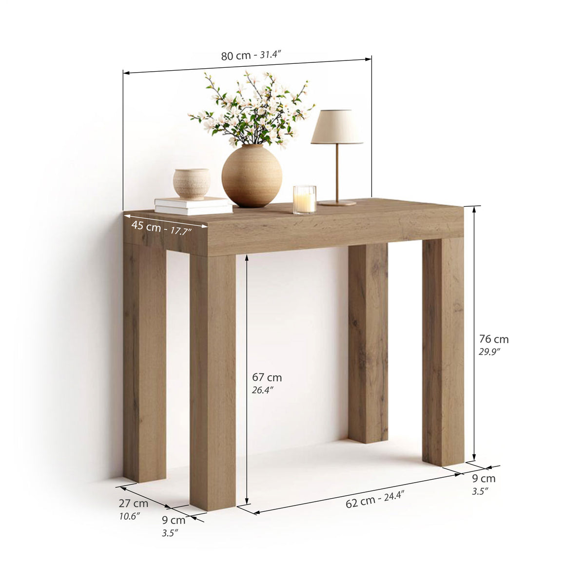 Console extensible First, 45(310)x80 cm, Bois rustique - Immagine tecnica 1