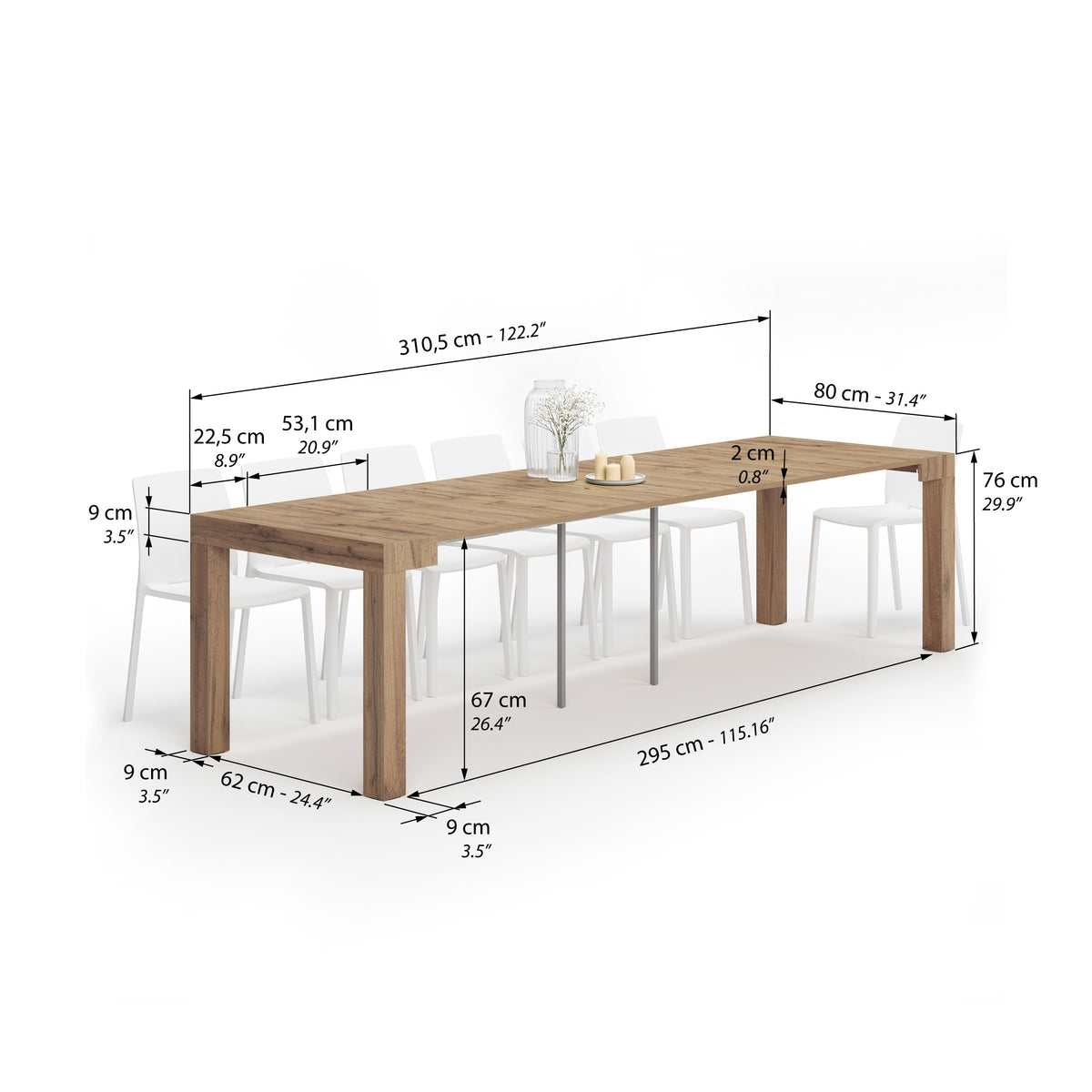 Console extensible First, 45(310)x80 cm, Bois rustique - Immagine tecnica 2