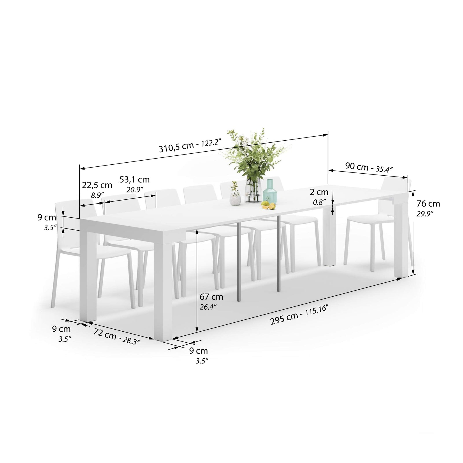 Stół Konsola Rozkładany First, 45(305)x90 cm, Biały Połysk - Immagine tecnica 2