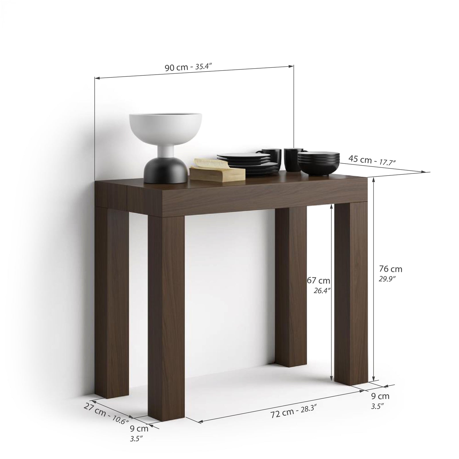 Table Console extensible First, 45(305)x90 cm, Noyer - Immagine tecnica 1