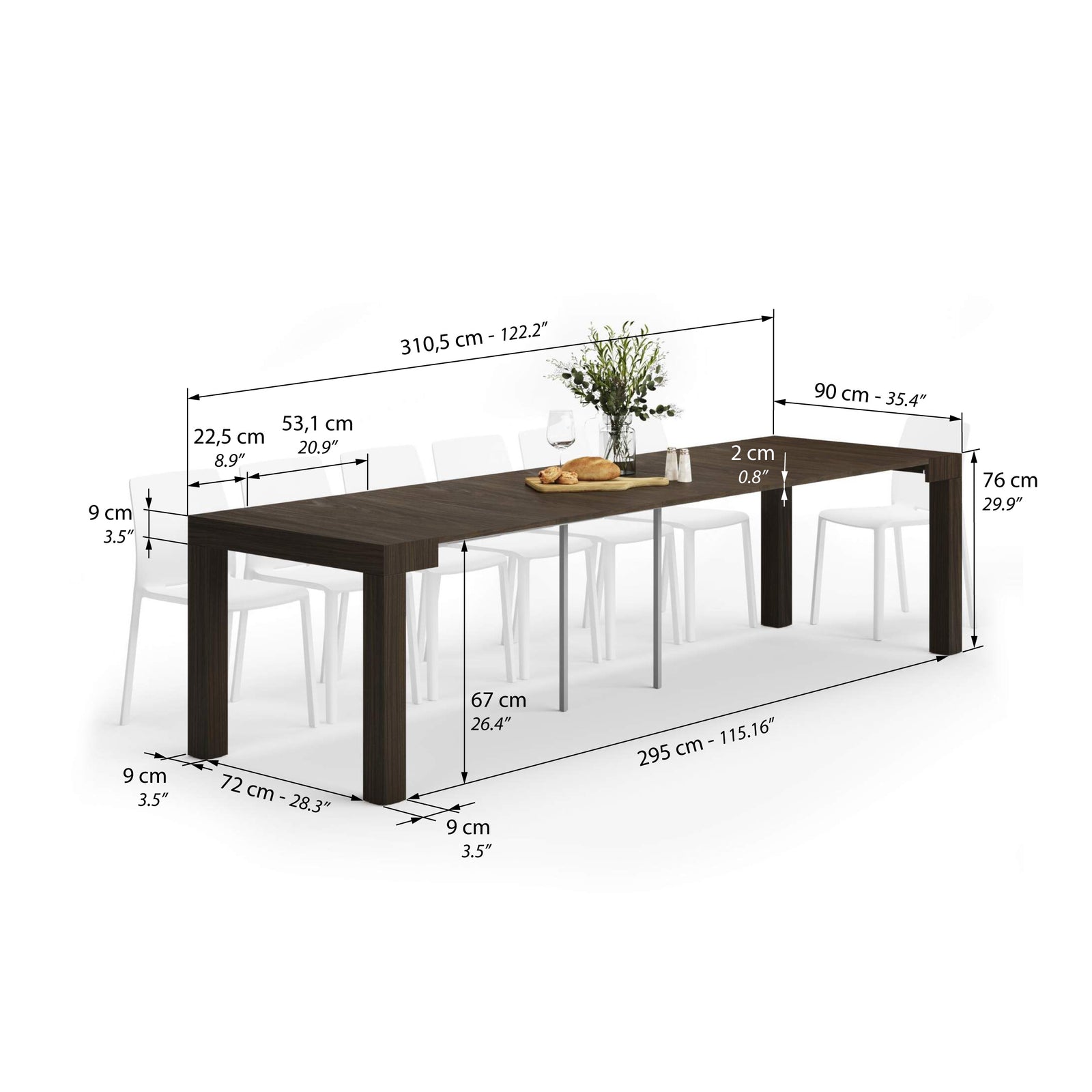 Stół Konsola Rozkładany First, 45(305)x90 cm, Ciemny Orzech - Immagine tecnica 2