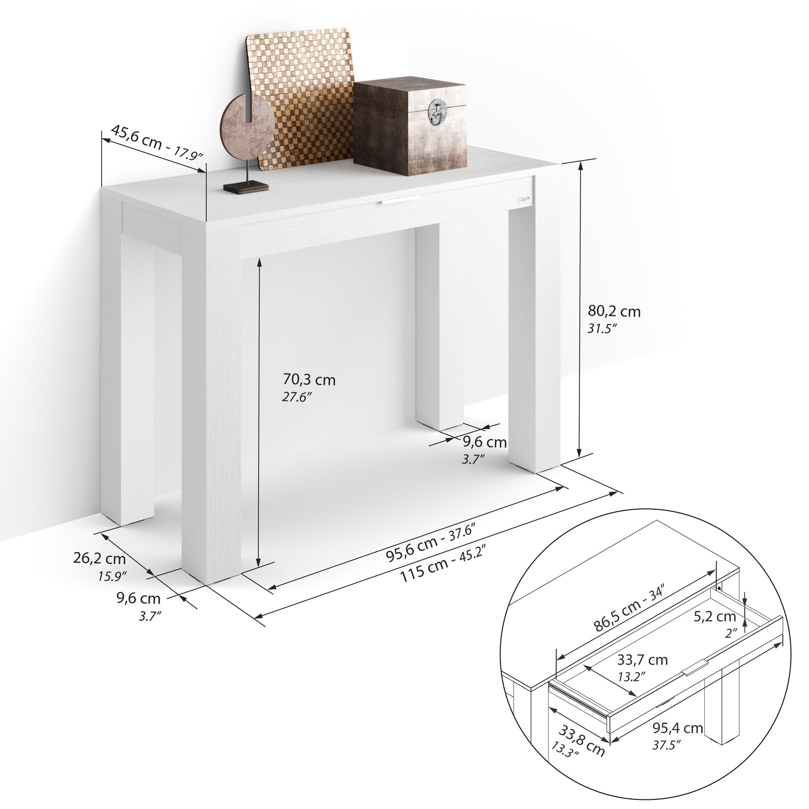 Consoletafel voor de hal Rachele met lade, 115x45 cm, Wit Essen - Immagine tecnica 1