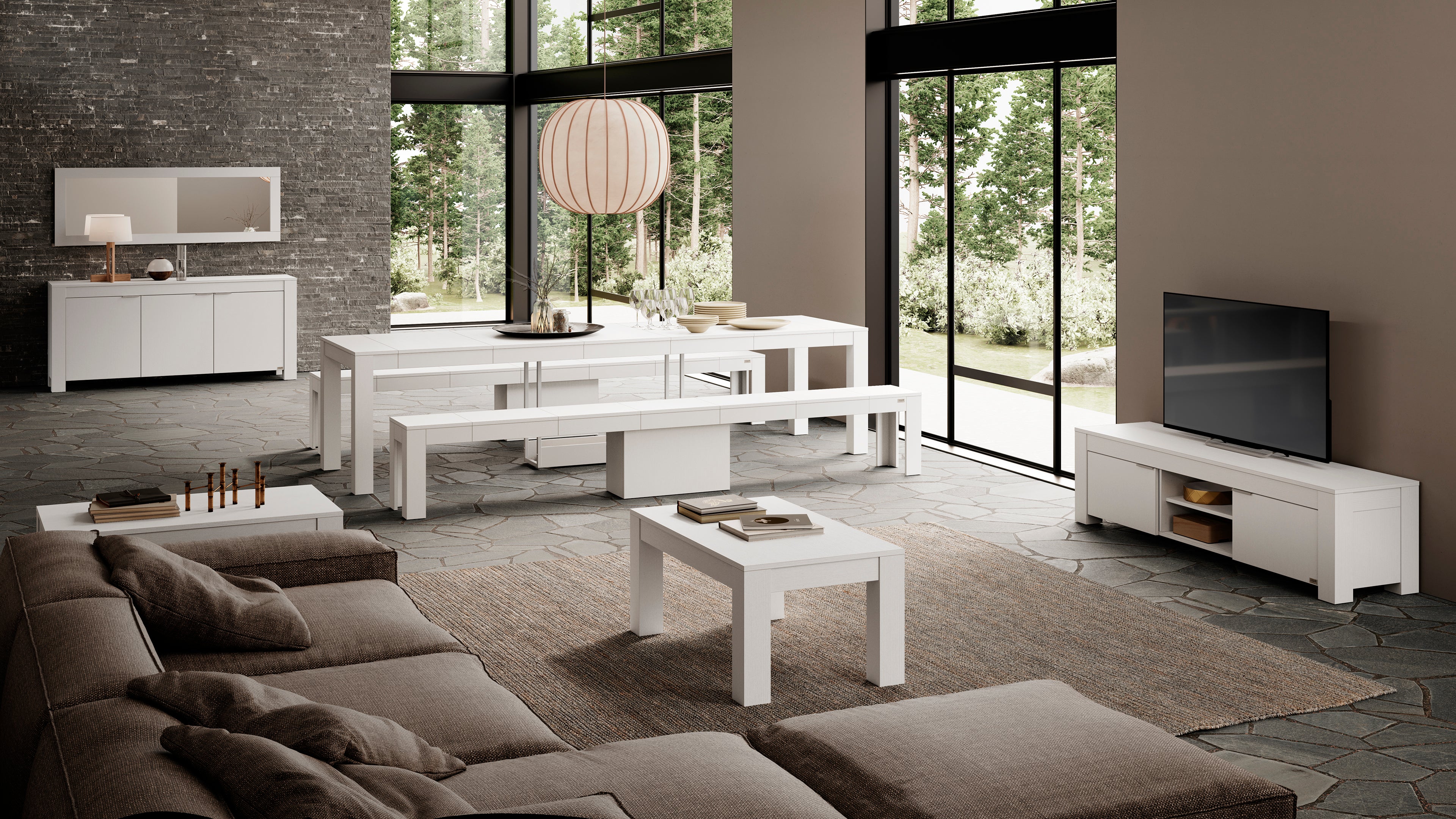 Rachele Extendable Console Table 18(120)x35 in, 2 Extendable Benches 27(115)x14 in, Ashwood White - Set image 1