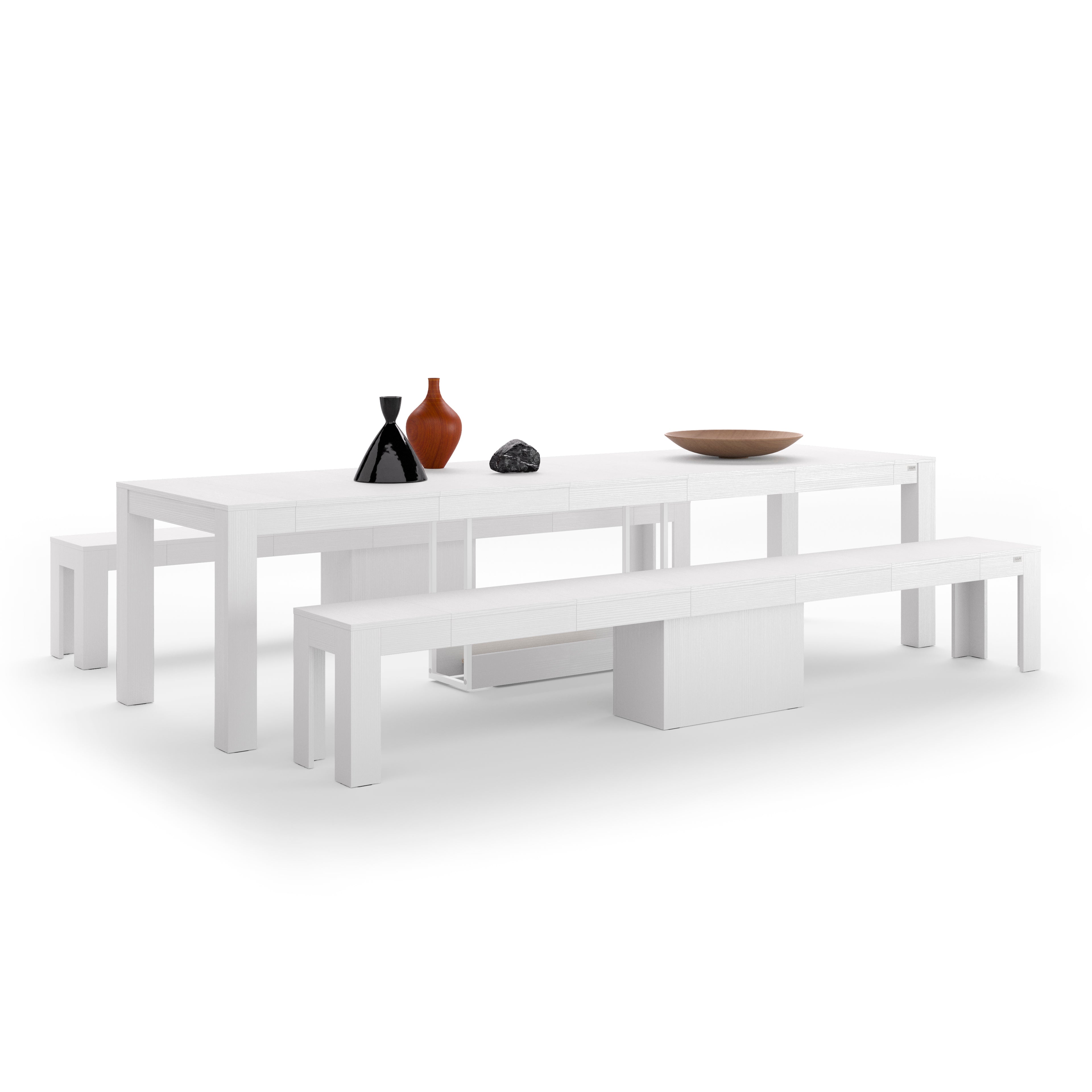 Consolle allungabile Rachele 46(306)x90 cm + 2 Panche allungabili Rachele 67,5(292)x35 cm, Bianco Frassino