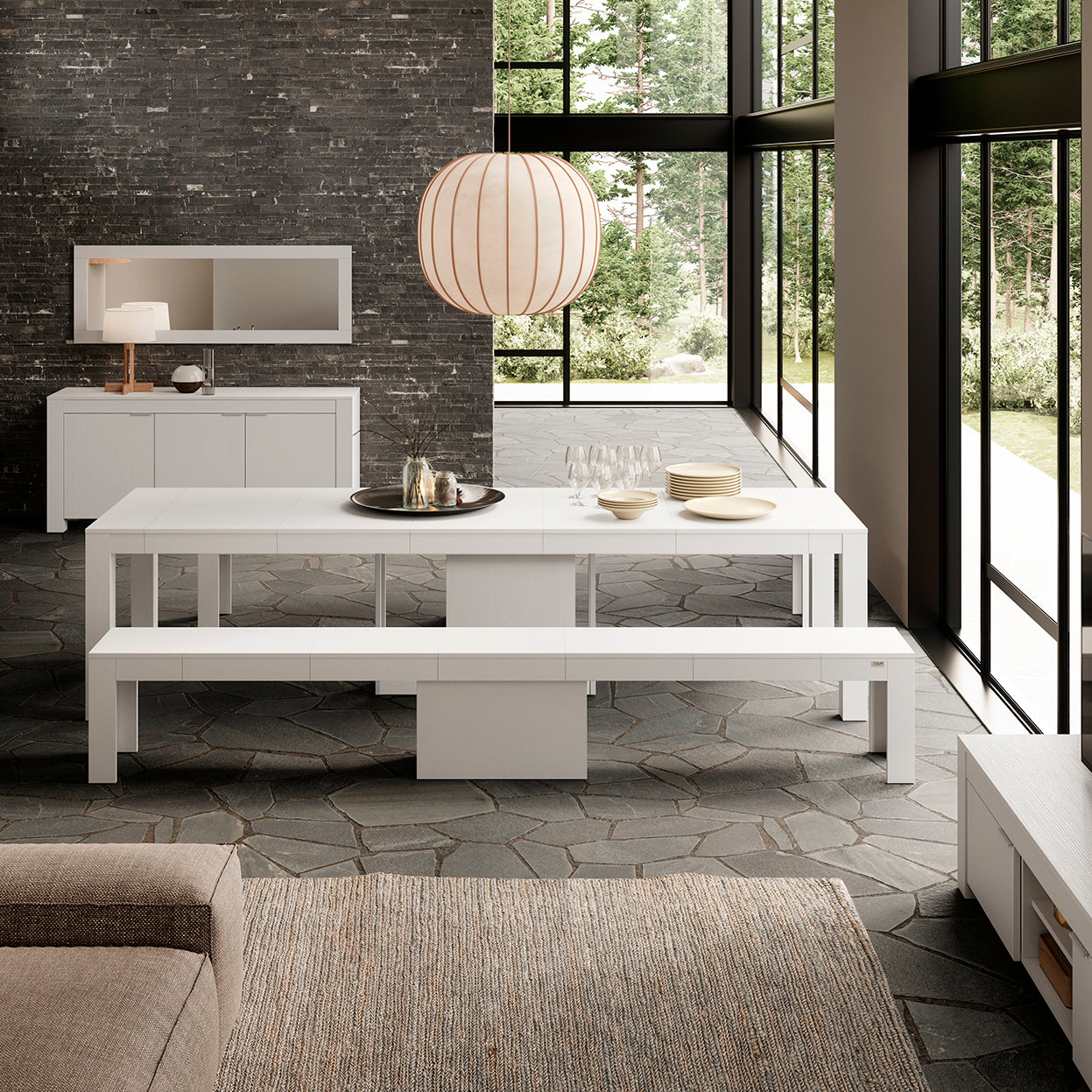 Table Console Extensible avec rallonges intégrées, Rachele, 46(306)x90 cm, Frêne Blanc - Set image 1