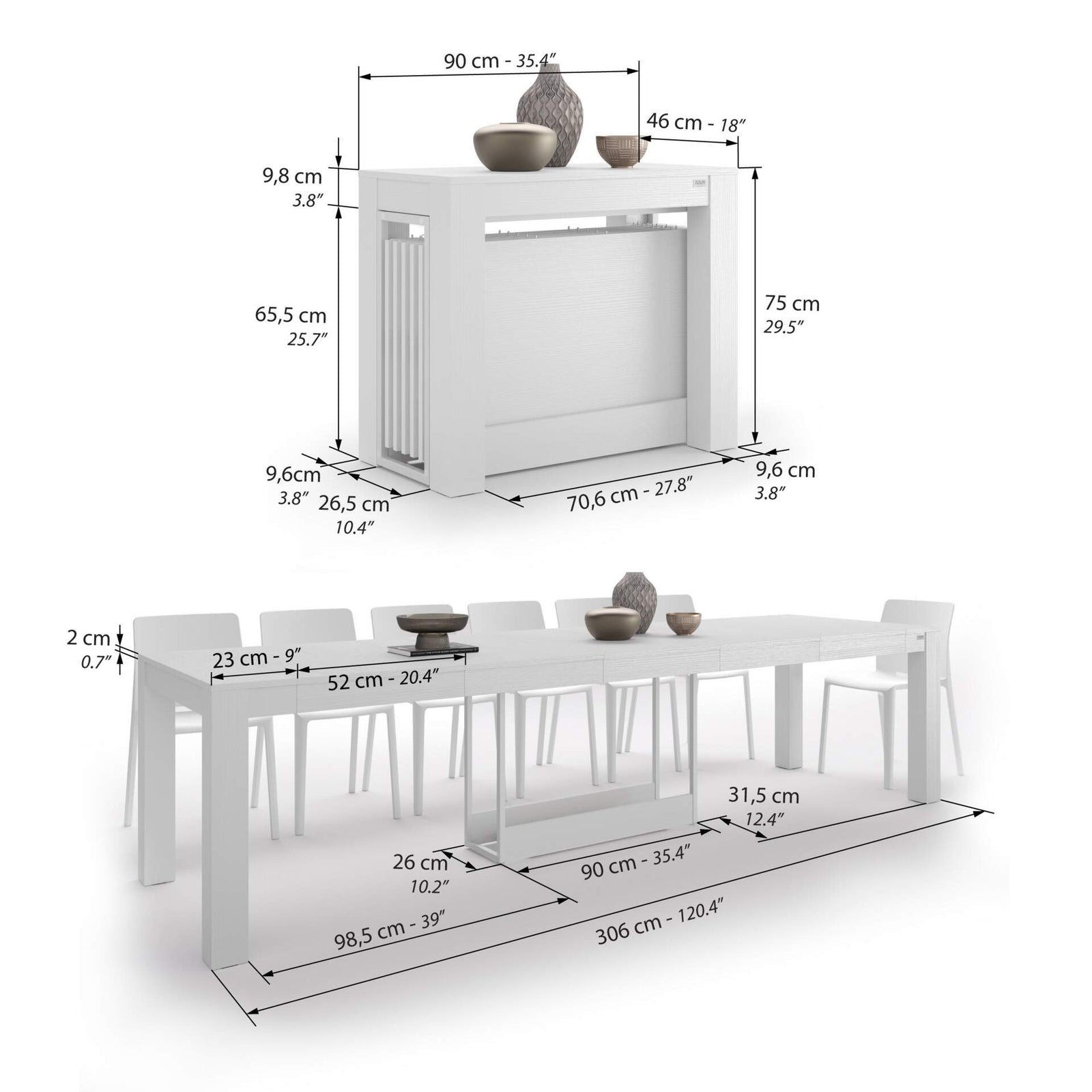 Table Console Extensible avec rallonges intégrées, Rachele, 46(306)x90 cm, Frêne Blanc - Immagine tecnica 1