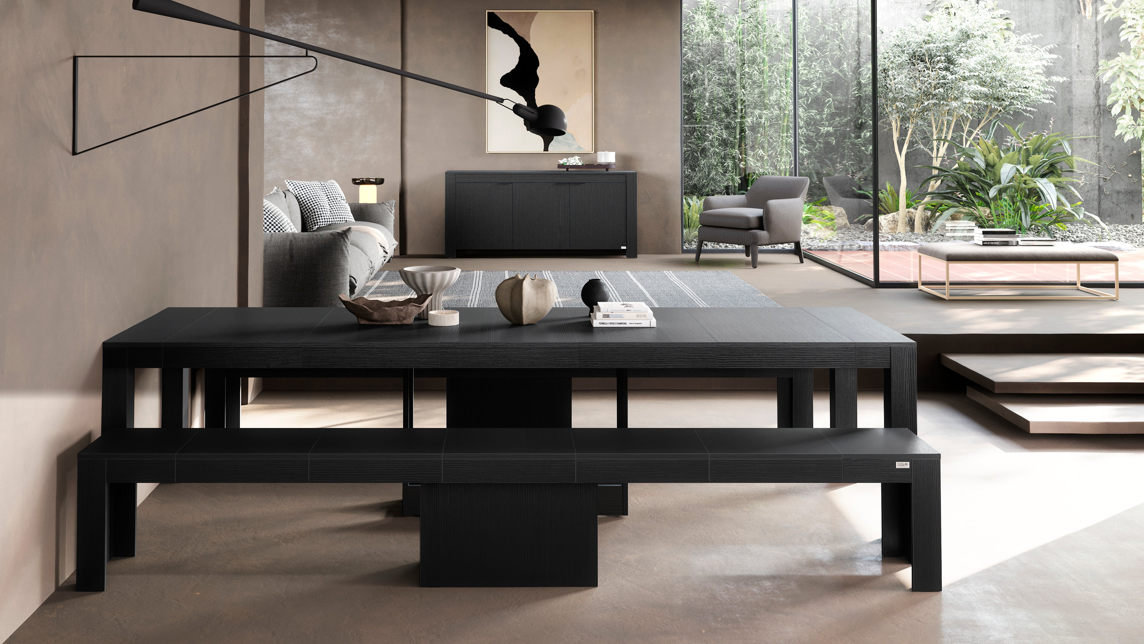 Consolle allungabile Rachele 46(306)x90 cm + 2 Panche allungabili Rachele 67,5(292)x35 cm, Nero Frassino - Immagine ambientata 1