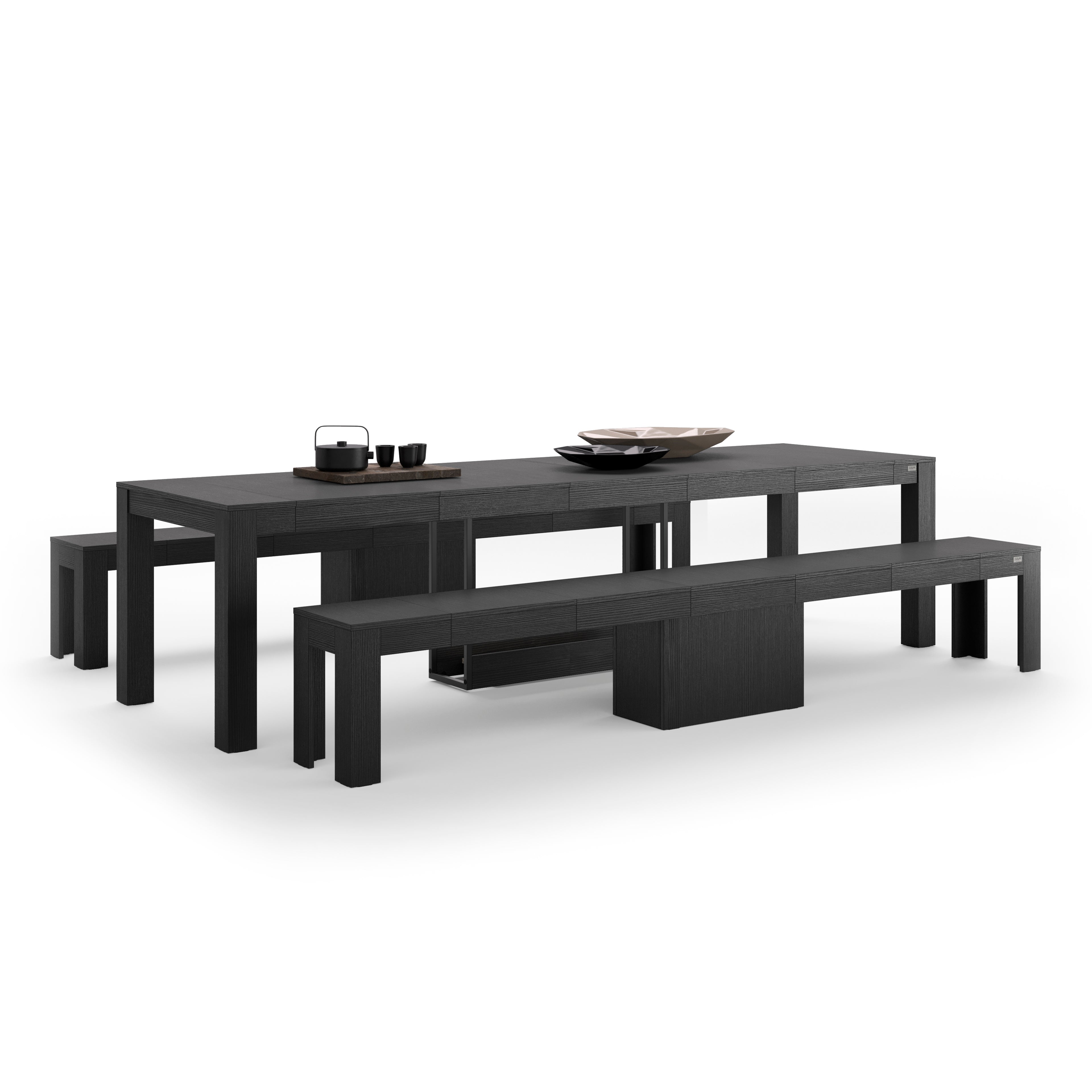 Consolle allungabile Rachele 46(306)x90 cm + 2 Panche allungabili Rachele 67,5(292)x35 cm, Nero Frassino