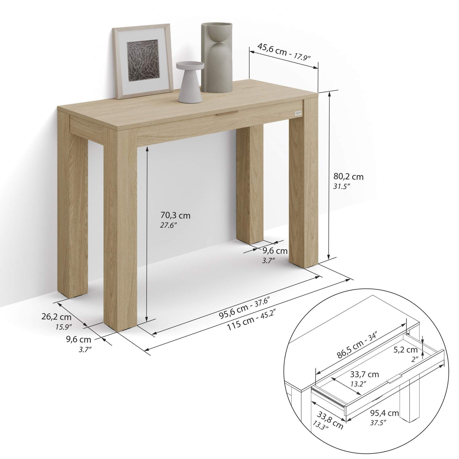 Console d'entrée avec tiroir Rachele, 115x45 cm, Chêne Clair - Immagine tecnica 1