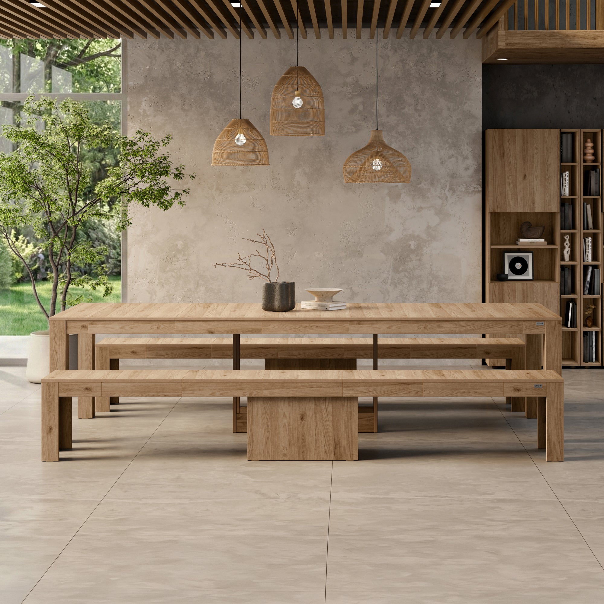 Console extensible Rachele 46(306)x90 cm + 2 bancs extensibles Rachele 67,5(292)x35 cm, Chêne Clair - Set image 1