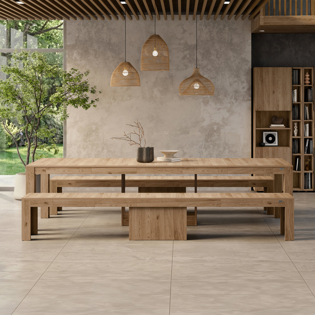 Rachele Extendable Console Table 46(306)x90 cm, 2 Extendable Benches 67,5(292)x35 cm, Light Oak - Set image 1