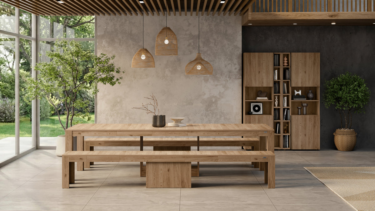 Rachele Extendable Console Table 46(306)x90 cm, 2 Extendable Benches 67,5(292)x35 cm, Light Oak - Set image 4