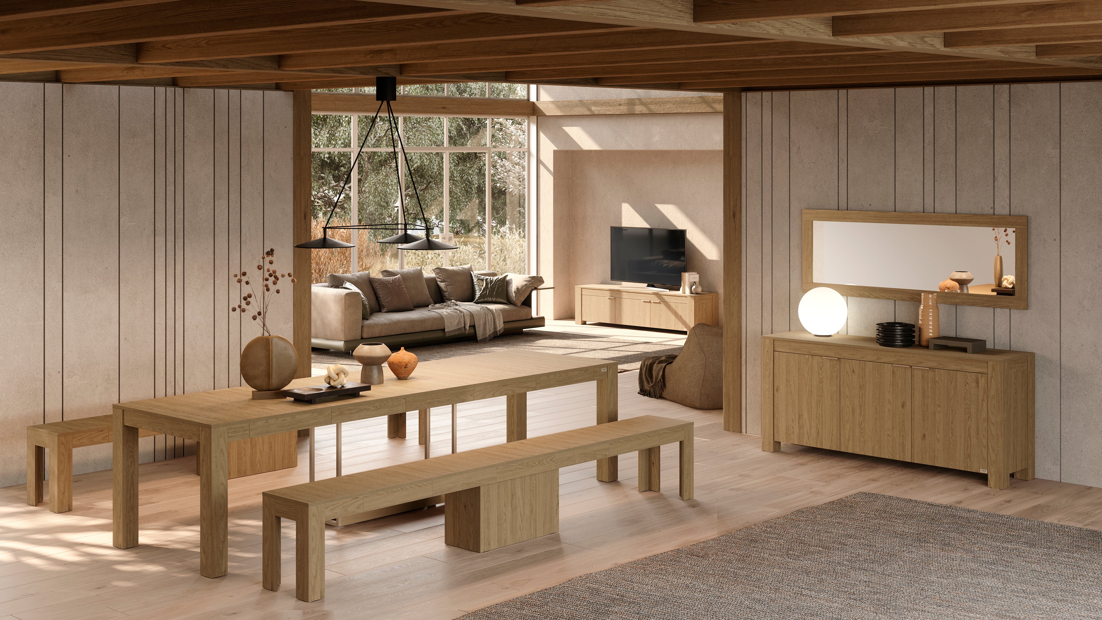 Extendable Console Table with extension leaves holder, Rachele, 45(306)x 90 cm, Light Oak - Set image 2