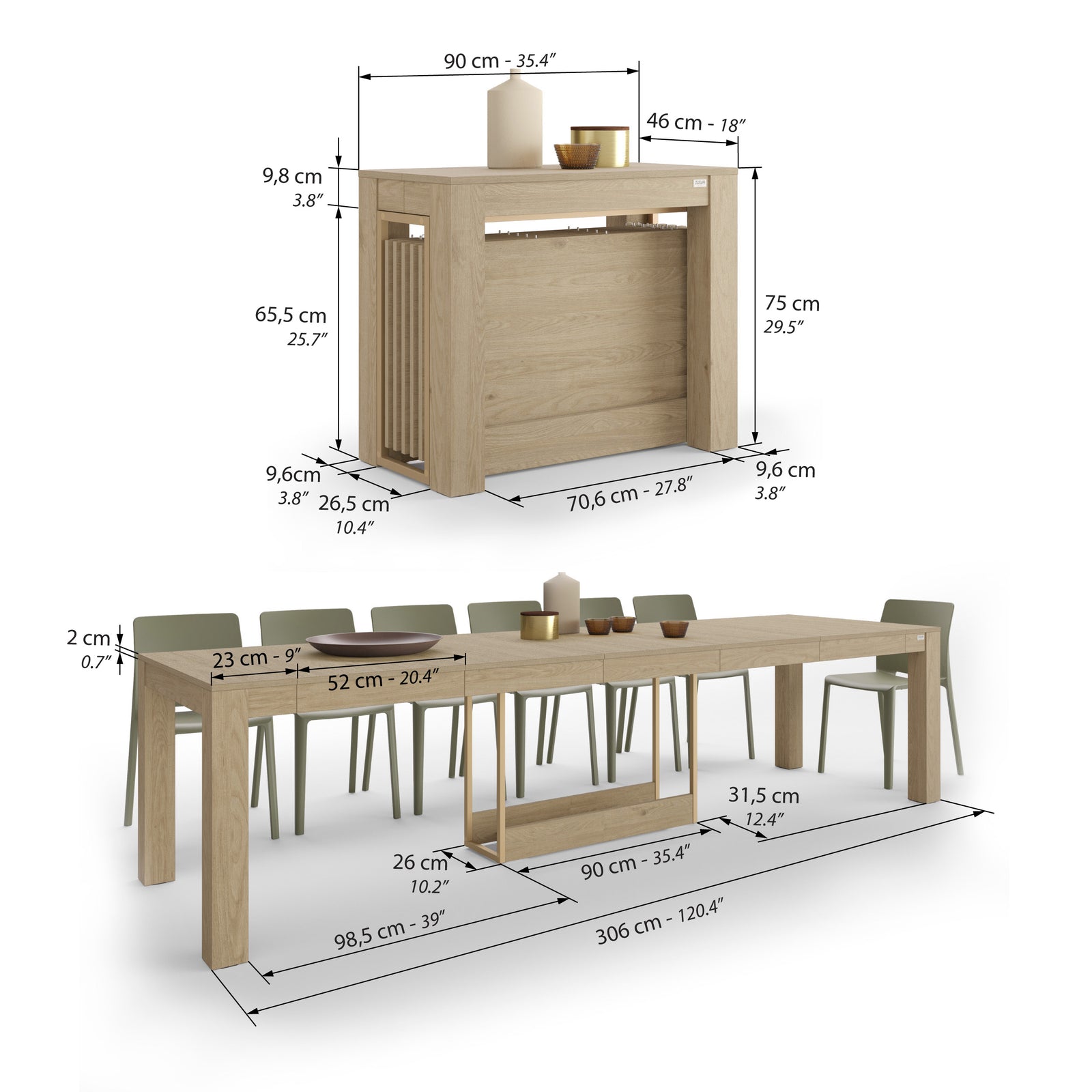 Consola extensível Rachele 46(306)x90 cm + 2 bancos extensíveis Rachele 67,5(292)x35 cm, Carvalho Natural - Immagine tecnica 1