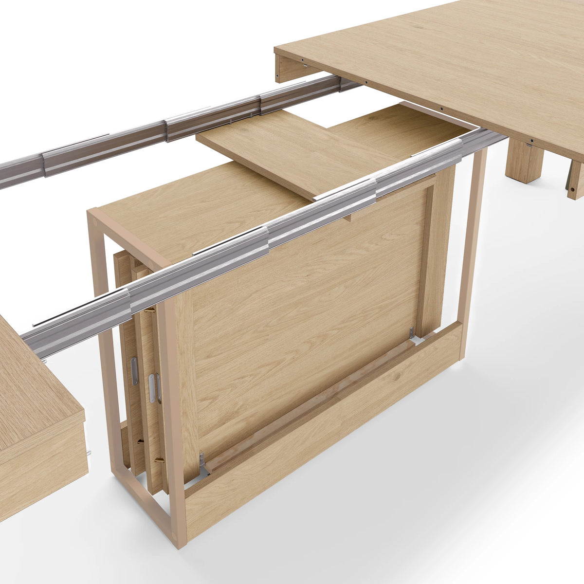 Uitschuifbare consoletafel Rachele met opbergvak voor verlengbladen, 46(306)x90 cm, Naturel Eiken - Detailafbeelding 2