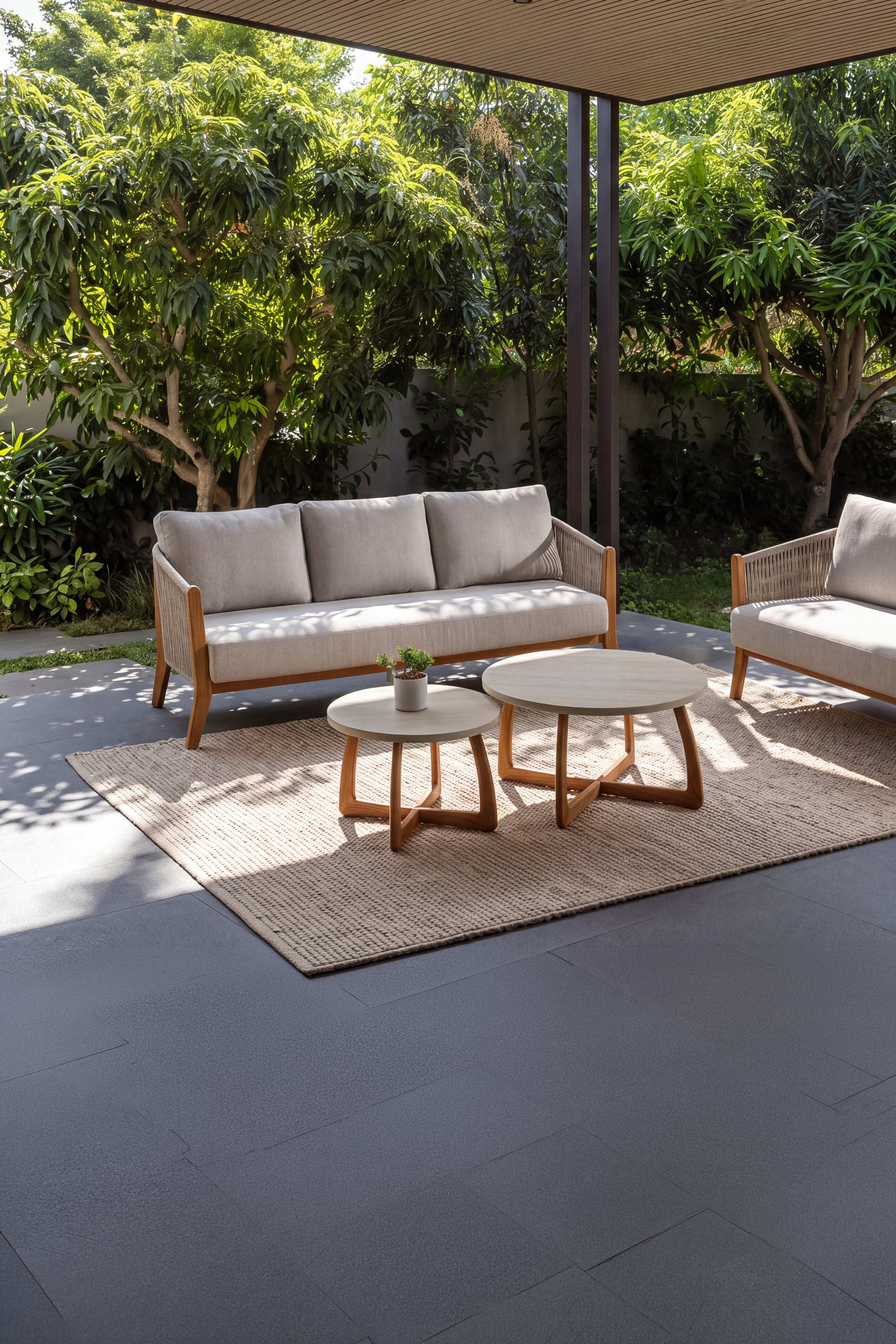 3-seters utendørssofa i beige stoff og teak, Aurora, 201x84 cm - Hovedbilde