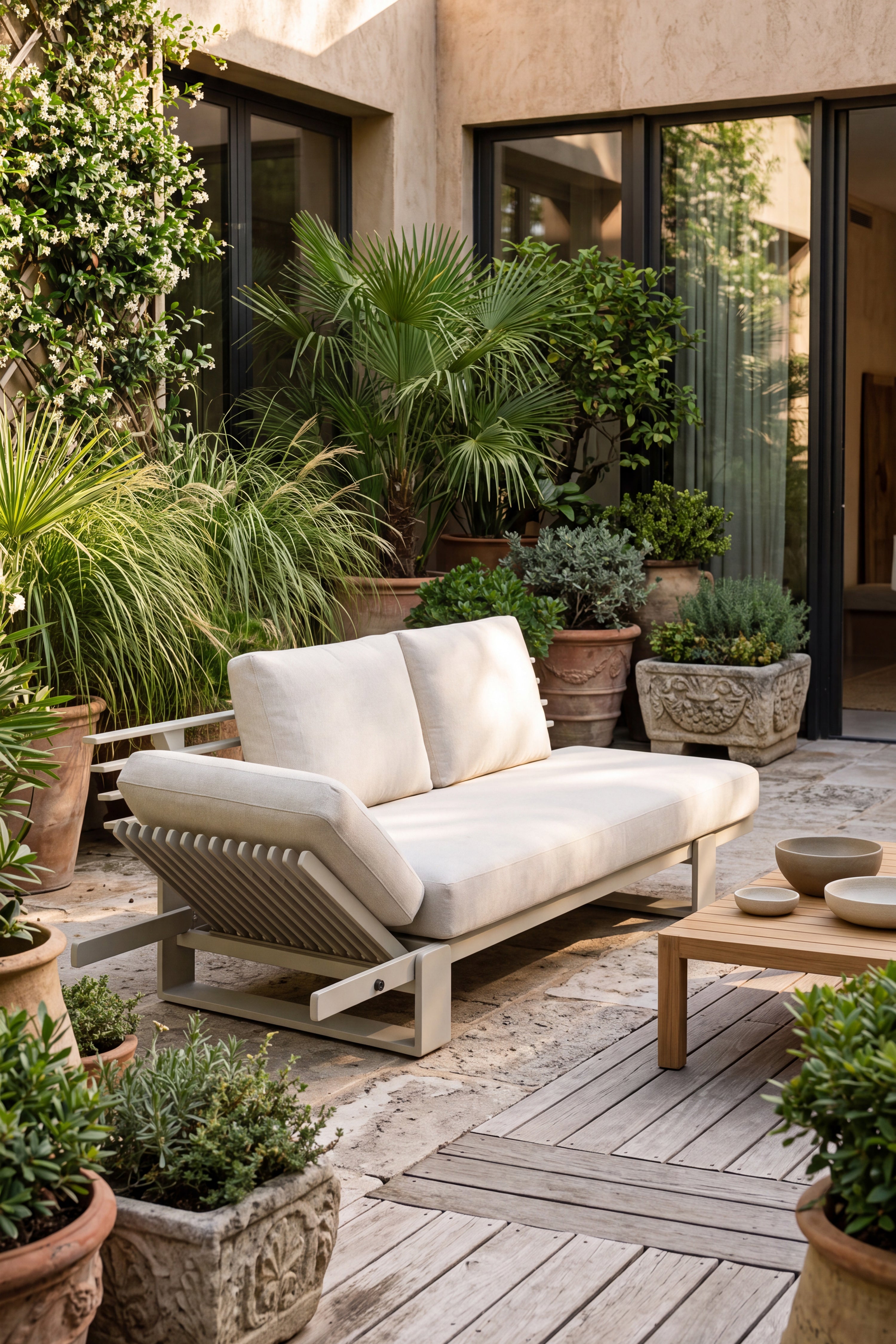 Gartensofa-Set 3-Sitzer mit Beistelltisch links und Couchtisch 120x70cm, Nora, Beige und Teakholz - Detailbild 3