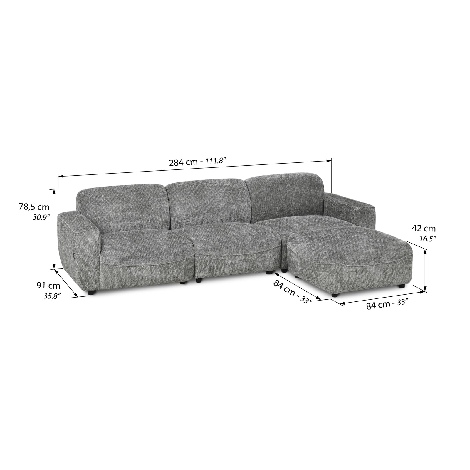 Modulares Ecksofa Rossella 284x91 cm, Steingrau - Immagine tecnica 1