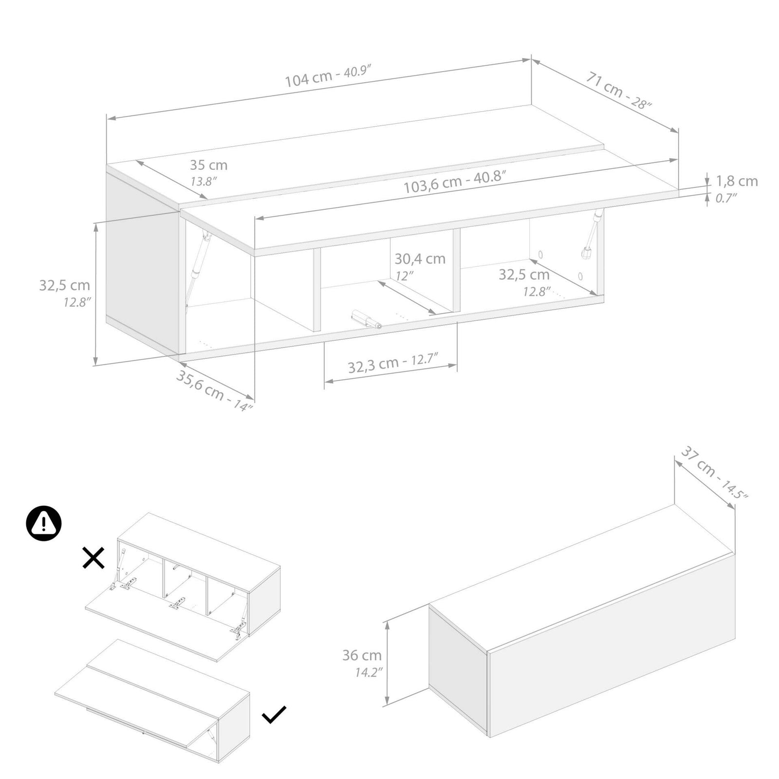Wandkast easy 104 met opgaande klepdeur wit essen - Immagine tecnica 1