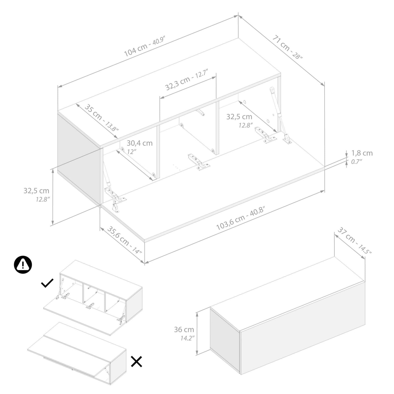 Wandkast easy 104 met neergaande klepdeur wit essen - Immagine tecnica 1