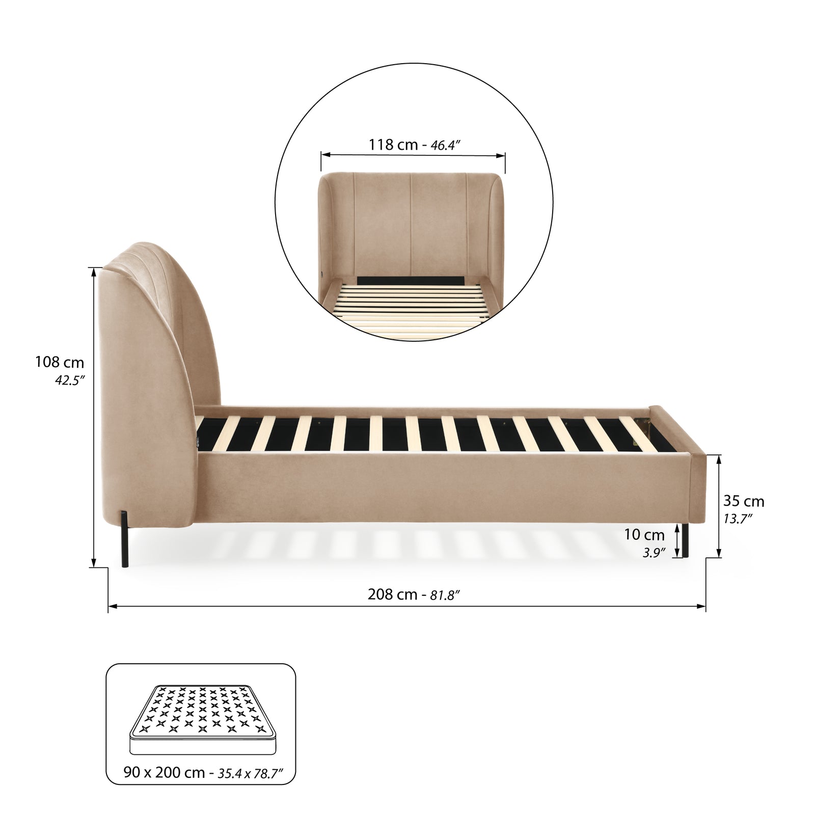 Gepolstertes Einzelbett Greta für Matratze 90x200 cm, Kamel - Immagine tecnica 1