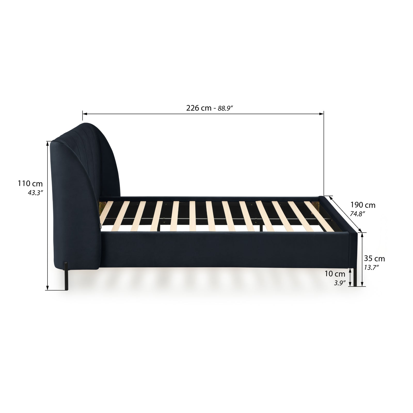 Greta upholstered double bed, 160x200 cm, Midnight Blue - Immagine tecnica 1