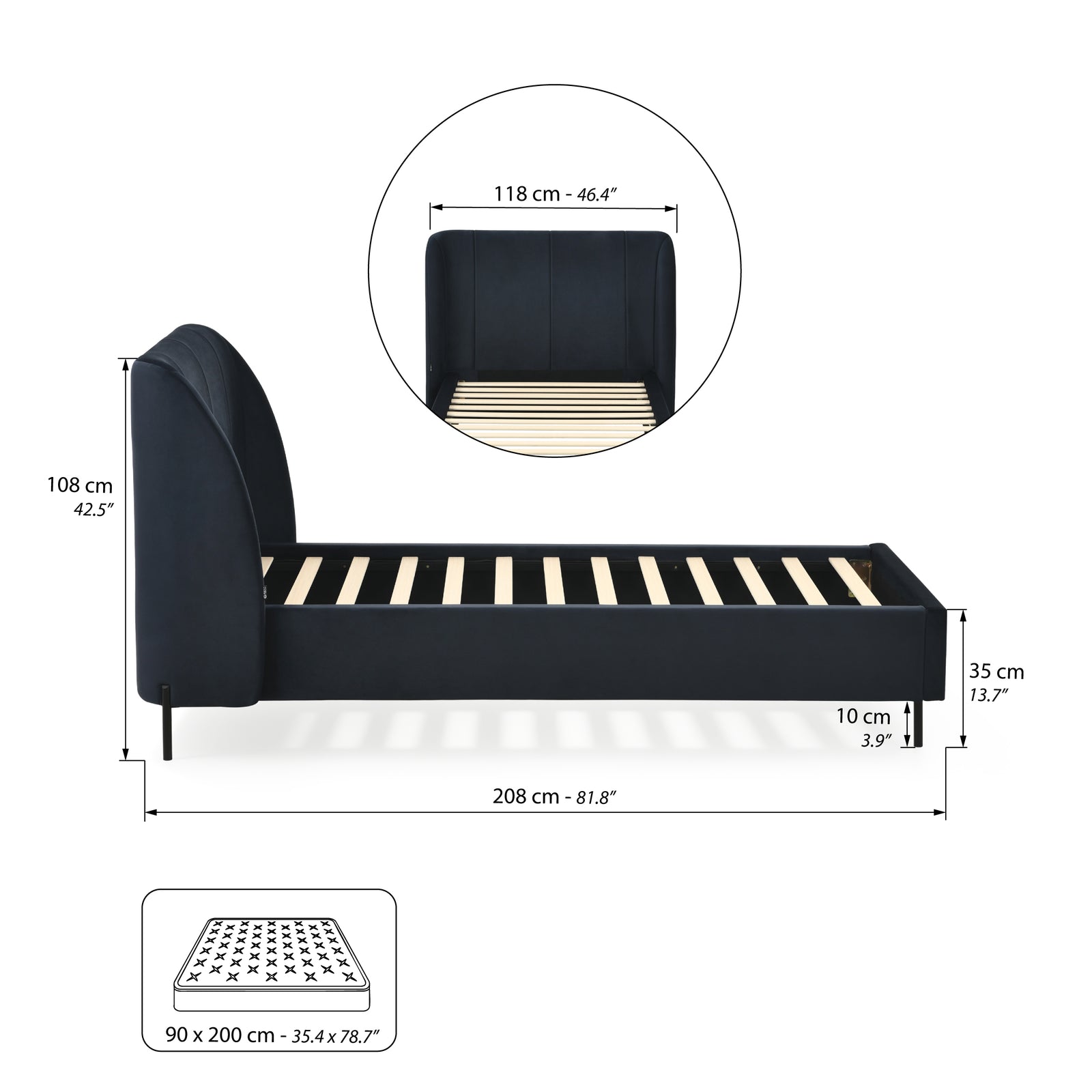 Padded single bed Greta for mattress 90x200 cm, Midnight Blue - Immagine tecnica 1