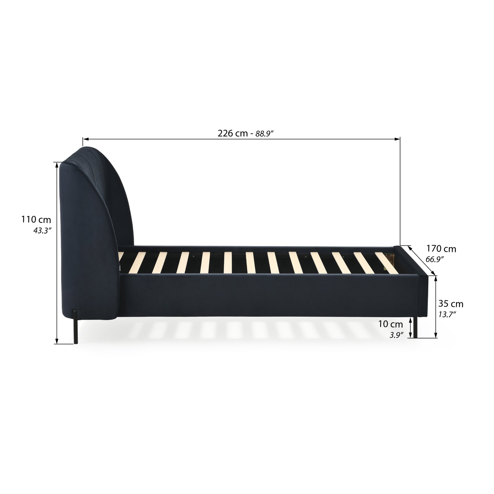 Letto singolo imbottito Greta 90x200 cm, Blu notte - Immagine tecnica 1