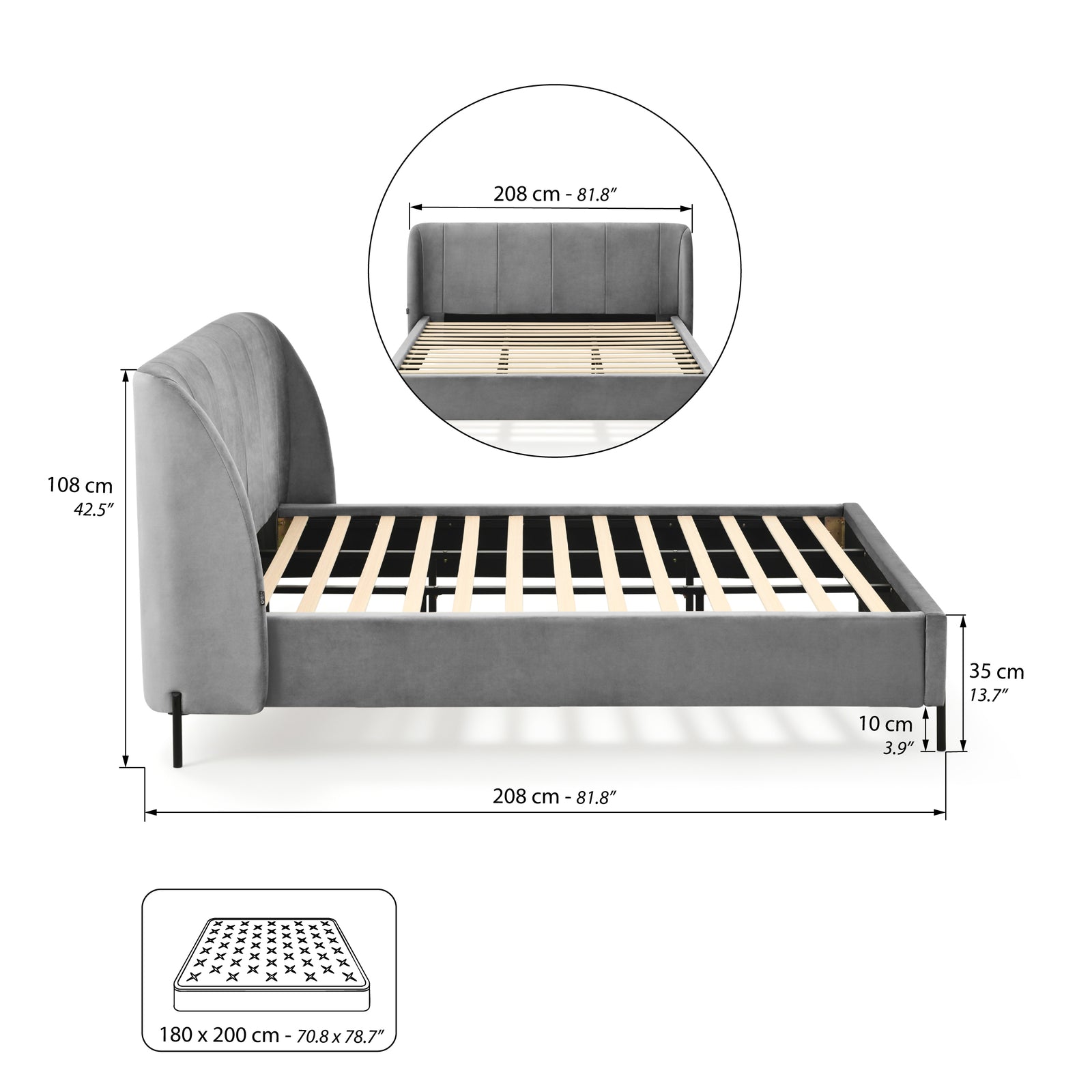 Gepolstertes Doppelbett Greta für Matratze 180x200 cm, Rauchgrau - Immagine tecnica 1