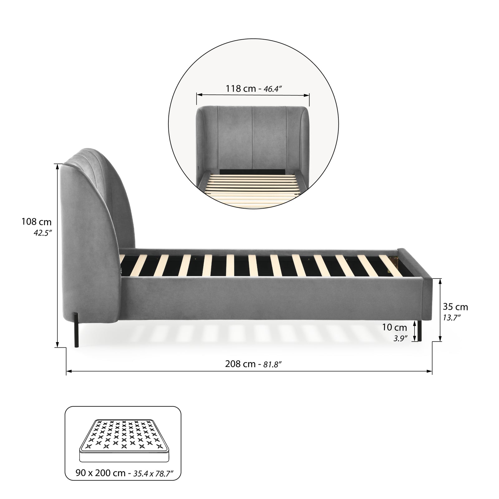 Padded single bed Greta for mattress 90x200 cm, Smoke Grey - Immagine tecnica 1