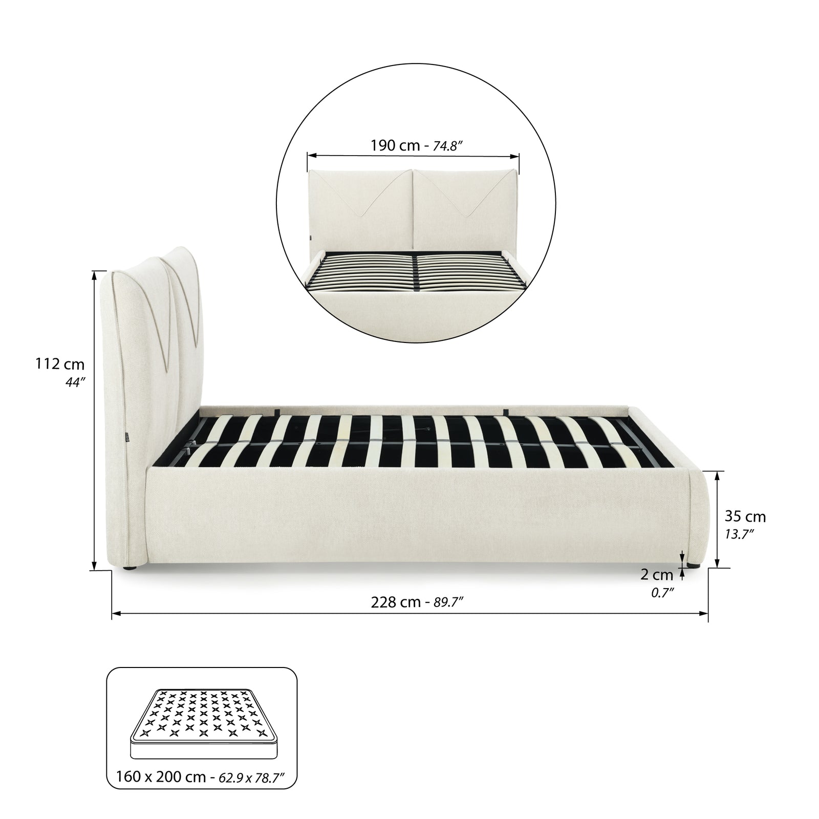 Letto matrimoniale con contenitore Martino per materasso 160x200 cm, Bianco Lana - Immagine tecnica 1