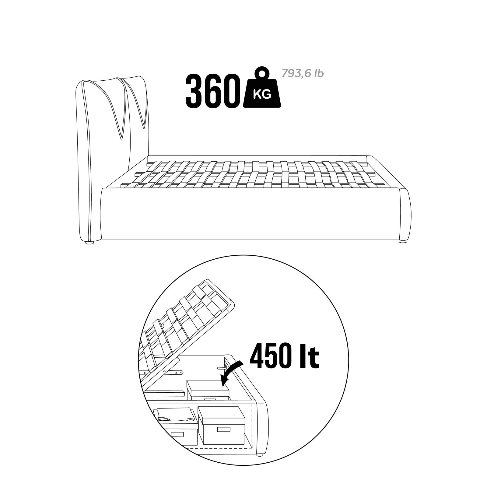Letto matrimoniale con contenitore Martino 180x200 cm, Grigio - Immagine tecnica 2