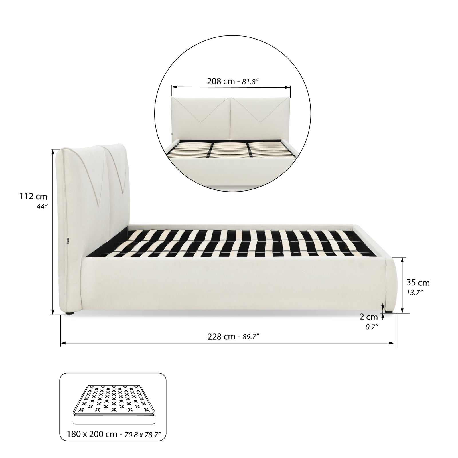 Double bed with storage Martino for mattress 180x200 cm, Wool White - Immagine tecnica 2