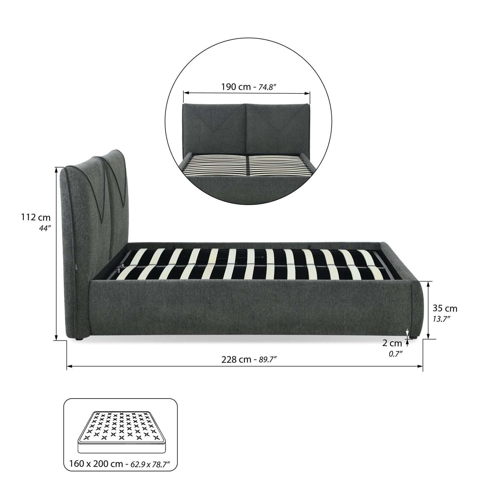 Letto matrimoniale con contenitore Martino per materasso 160x200 cm, Grigio - Immagine tecnica 2