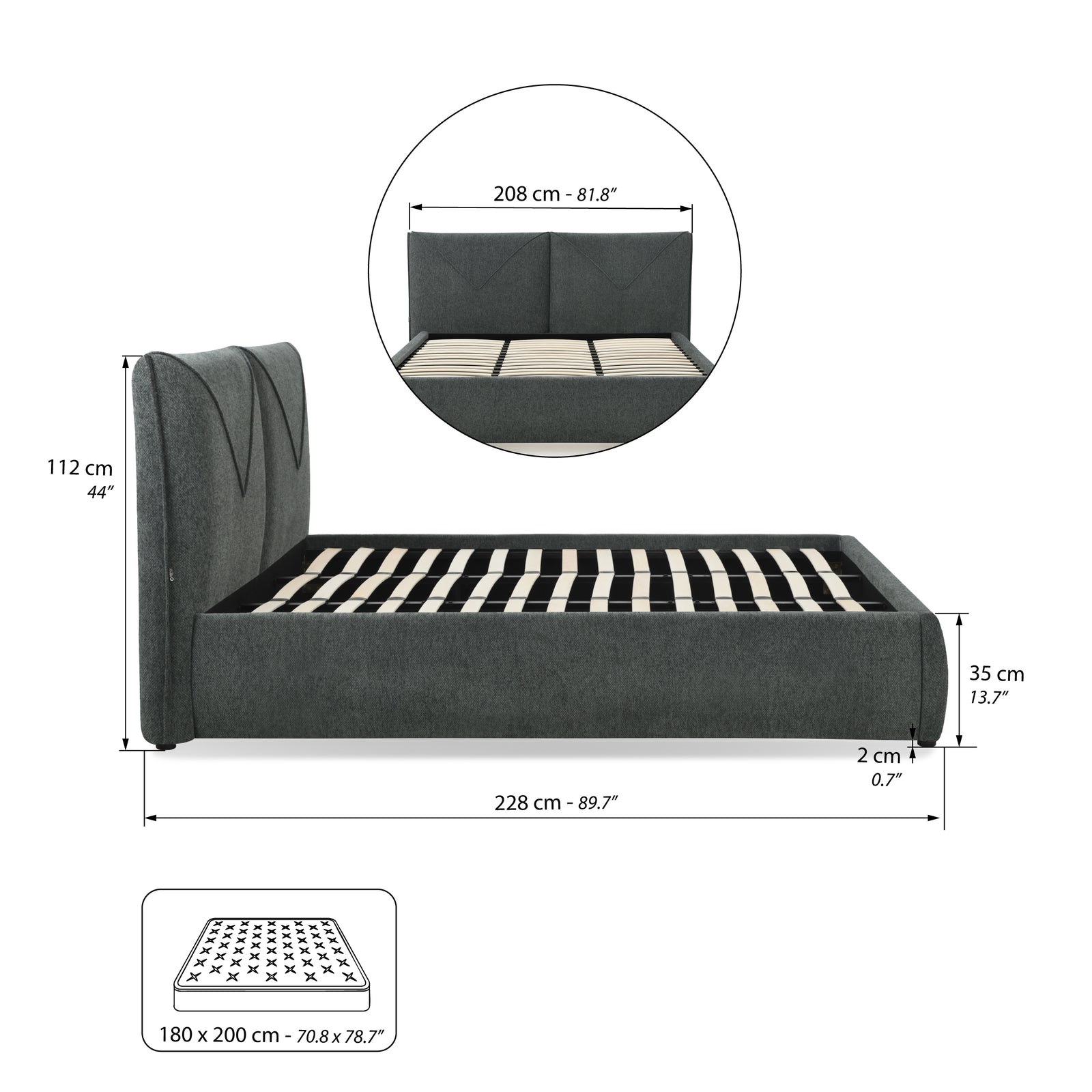 Double bed with storage Martino for mattress 180x200 cm, Grey - Immagine tecnica 2