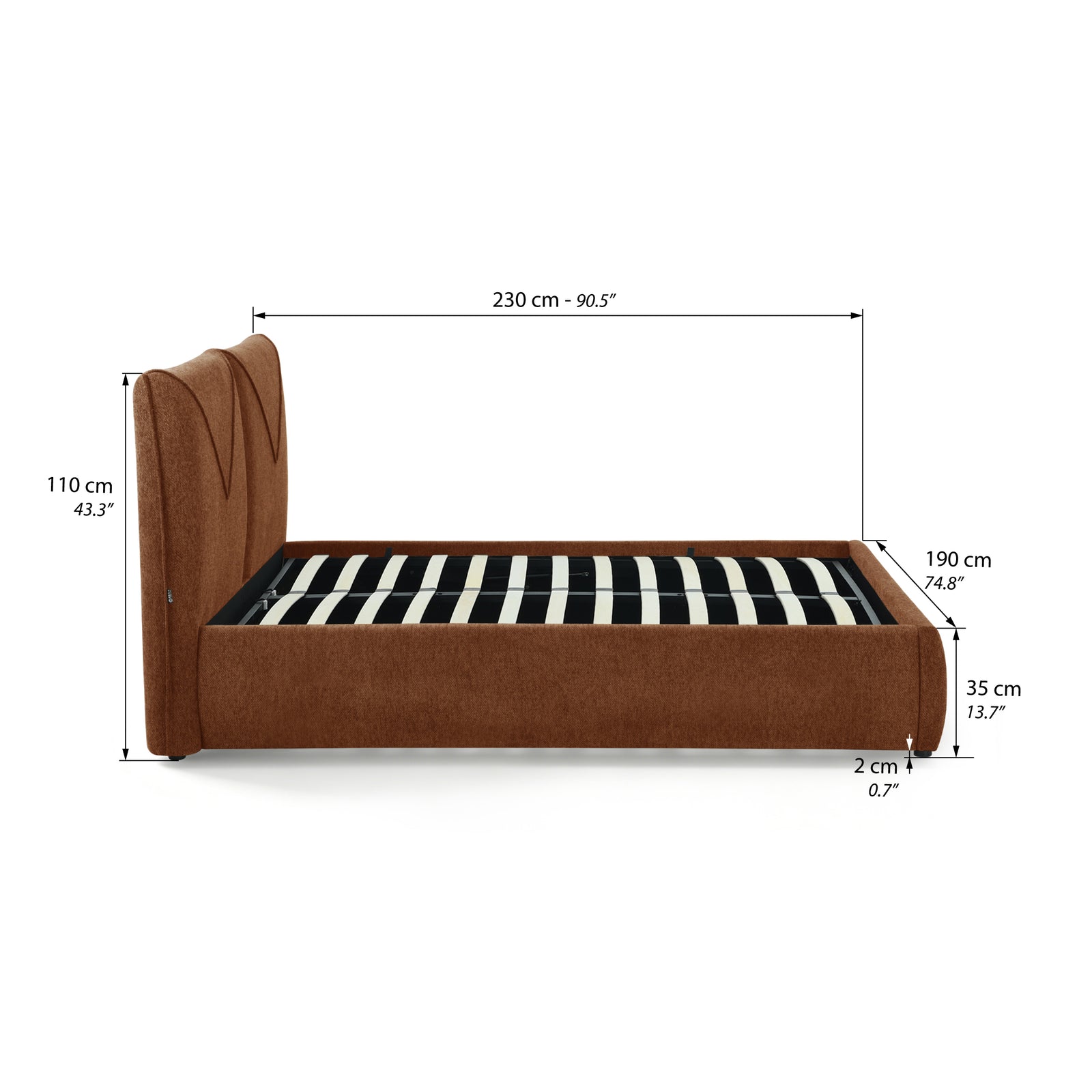 Cama matrimonial con contenedor Martino 160x200 cm, Rojo Ladrillo - Immagine tecnica 1
