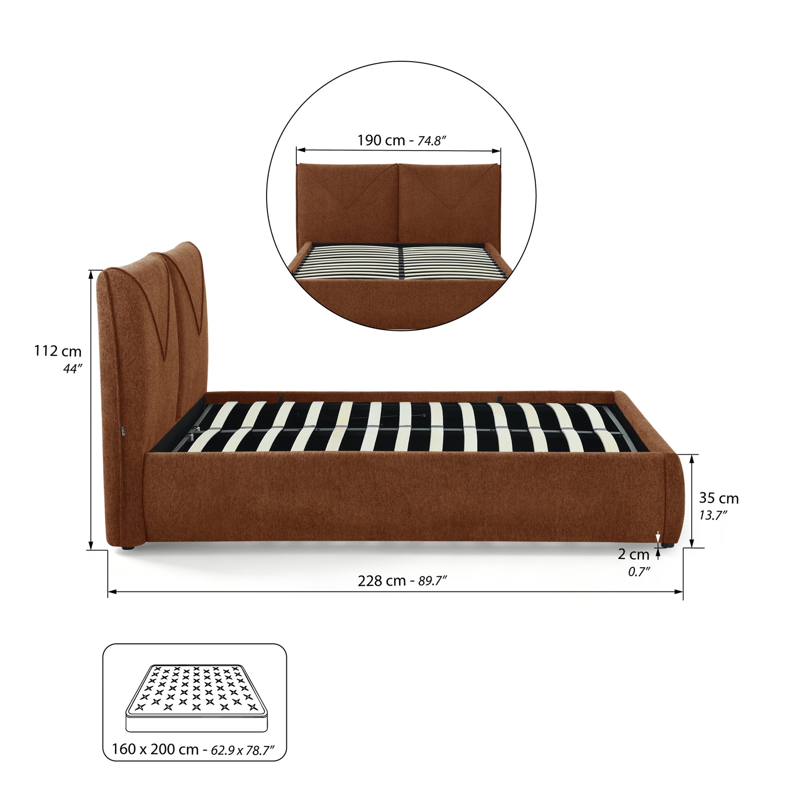 Double bed with storage Martino for mattress 160x200 cm, Brick Red - Immagine tecnica 2