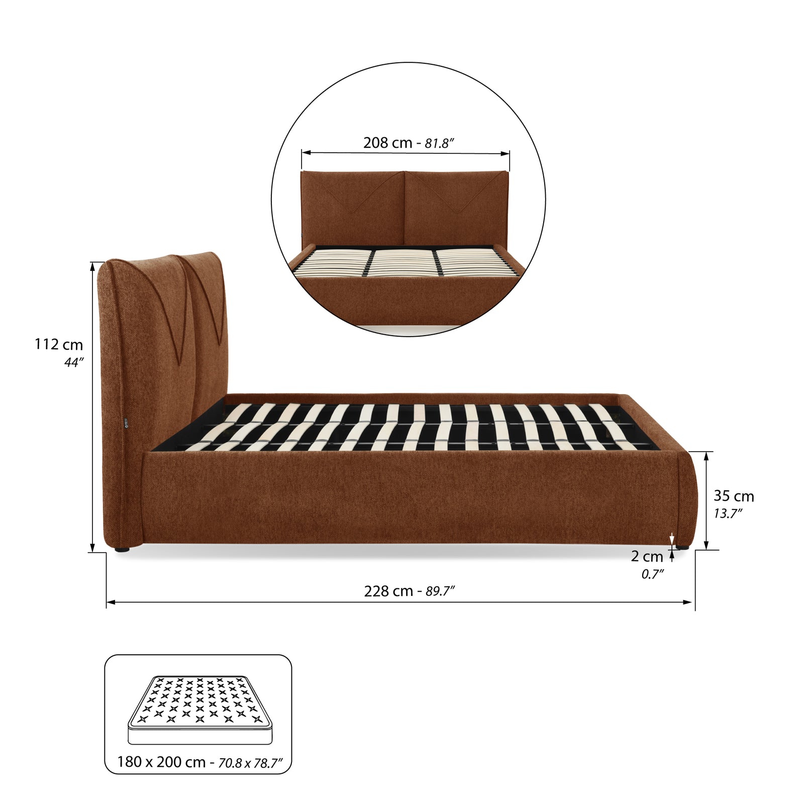 Lit double avec coffre Martino pour matelas 180x200 cm, Rouge Brique - Immagine tecnica 1