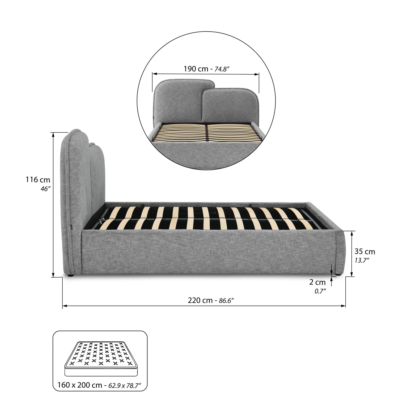 Double bed with storage Olivia for mattress 160x200 cm, Grey Melange - Immagine tecnica 2